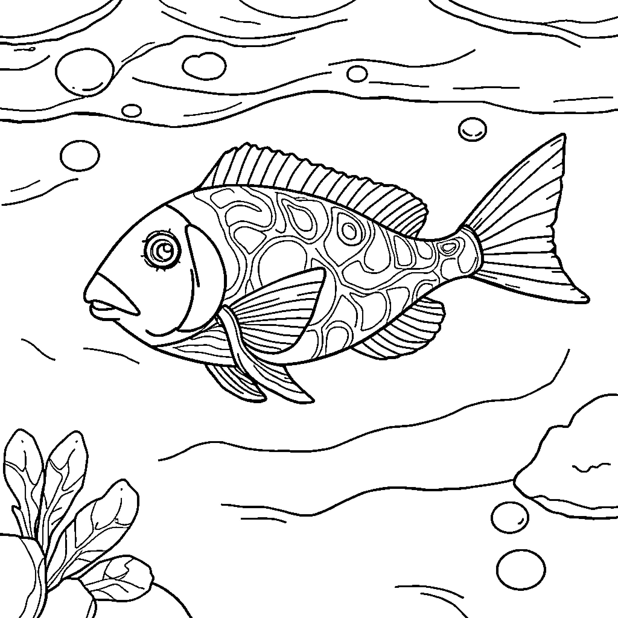 Sea Animal swimming in the ocean Coloring Page (free black-and-white line drawing printable PDF for all, from beginners to advanced learners, including children, teens, adults, and seniors)