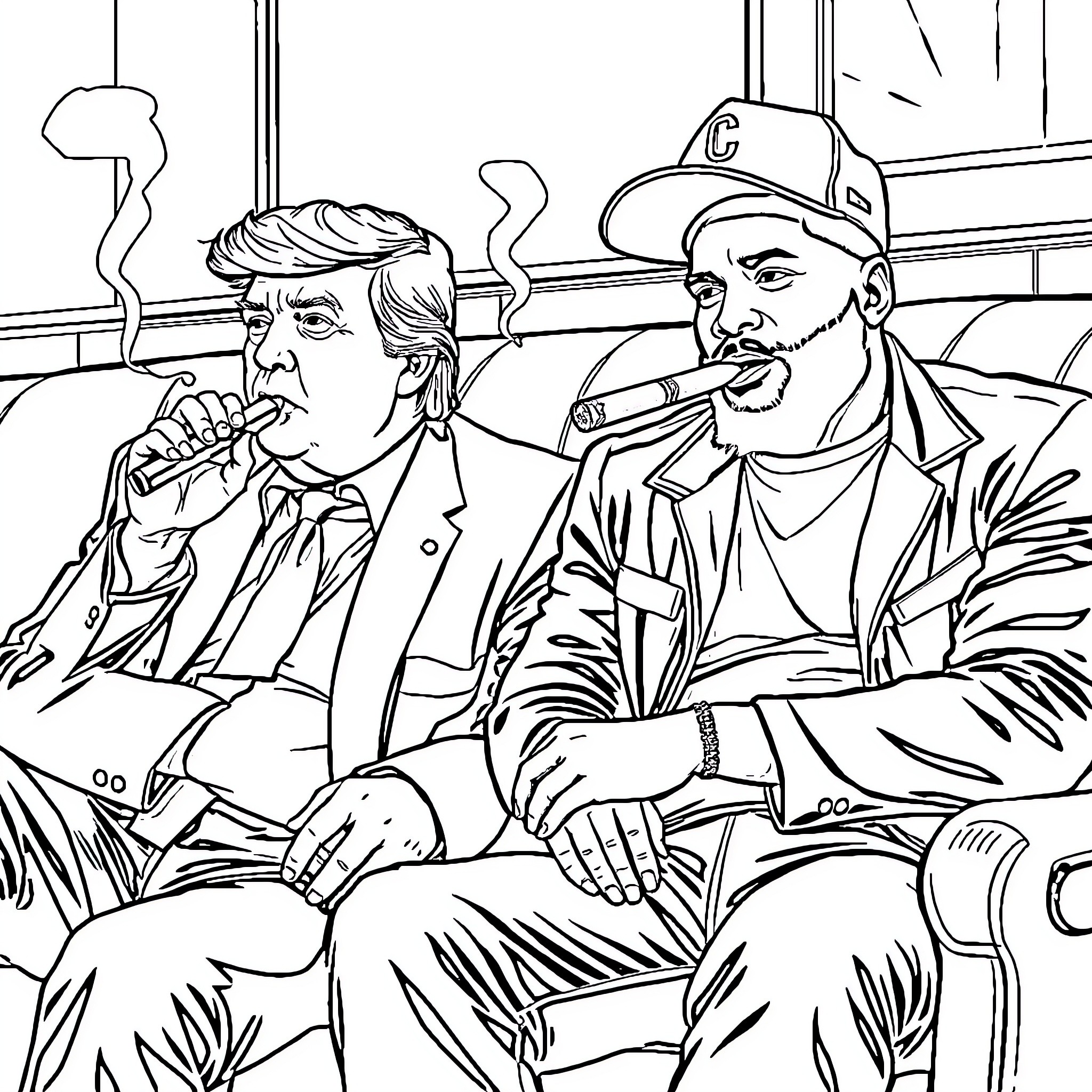 Trump smoking and drinking with companions Coloring Page (free black-and-white line drawing printable PDF for all, from beginners to advanced learners, including children, teens, adults, and seniors)