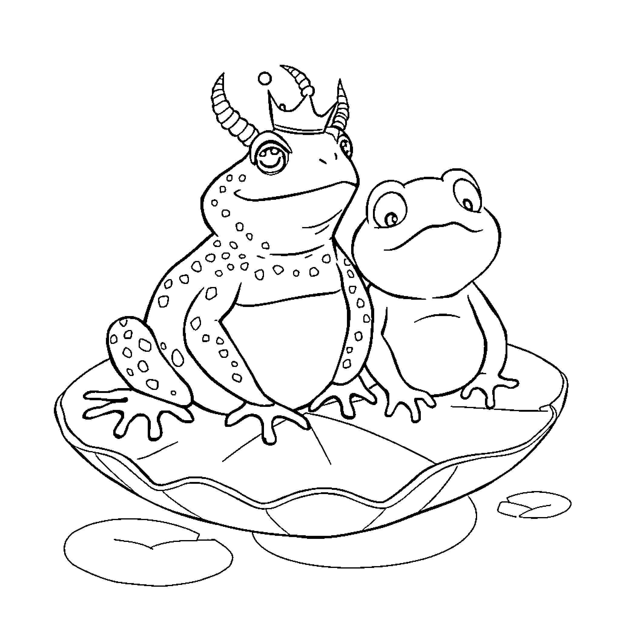 Toad friends sitting on lily pad Coloring Page (free black-and-white line drawing printable PDF for all, from beginners to advanced learners, including children, teens, adults, and seniors)