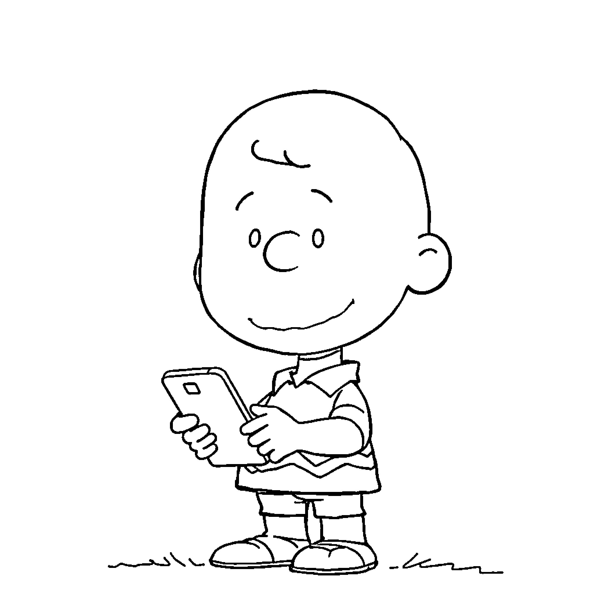 Charlie Brown using a mobile device Coloring Page (free black-and-white line drawing printable PDF for all, from beginners to advanced learners, including children, teens, adults, and seniors)