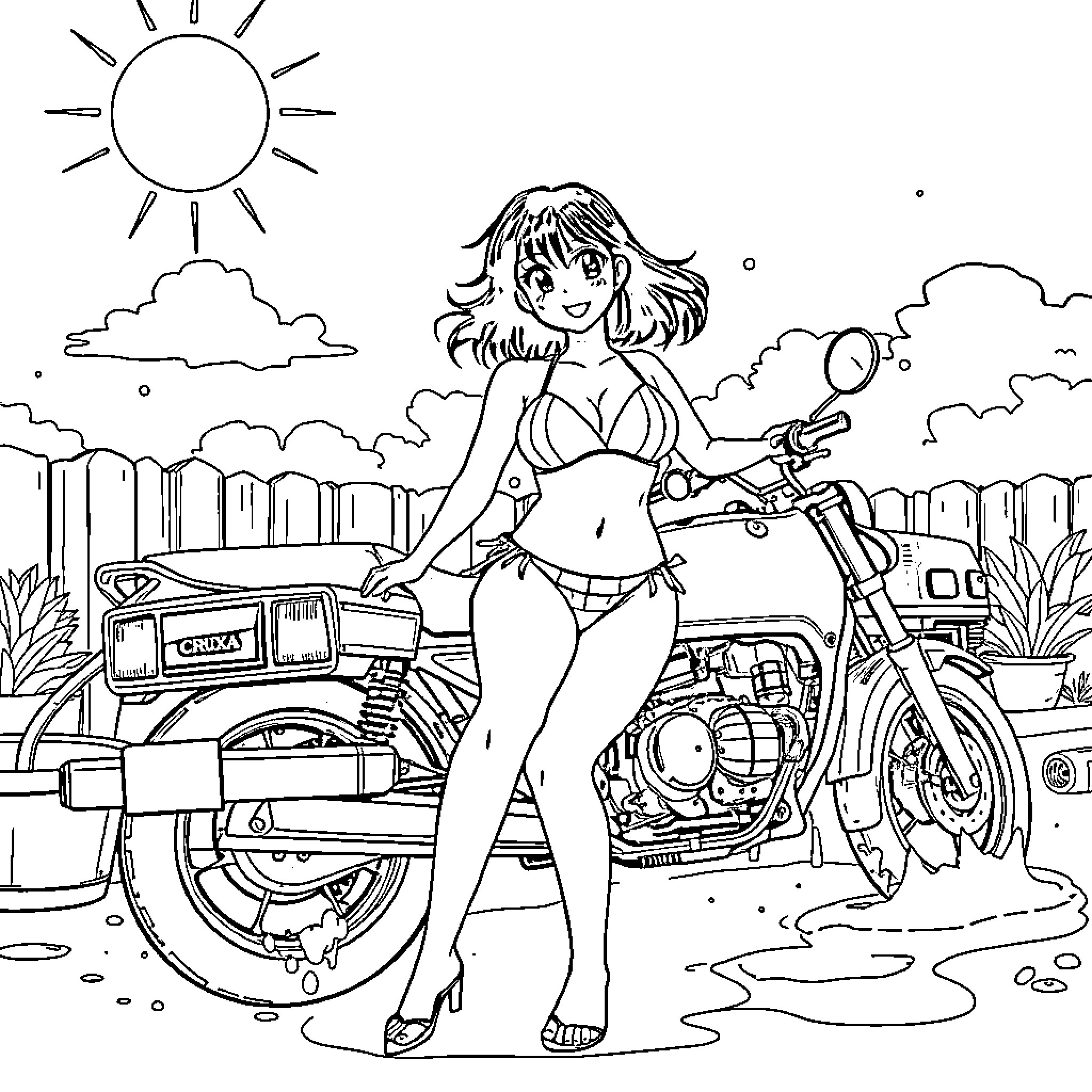Asuka posing confidently on a motorcycle Coloring Page (free black-and-white line drawing printable PDF for all, from beginners to advanced learners, including children, teens, adults, and seniors)