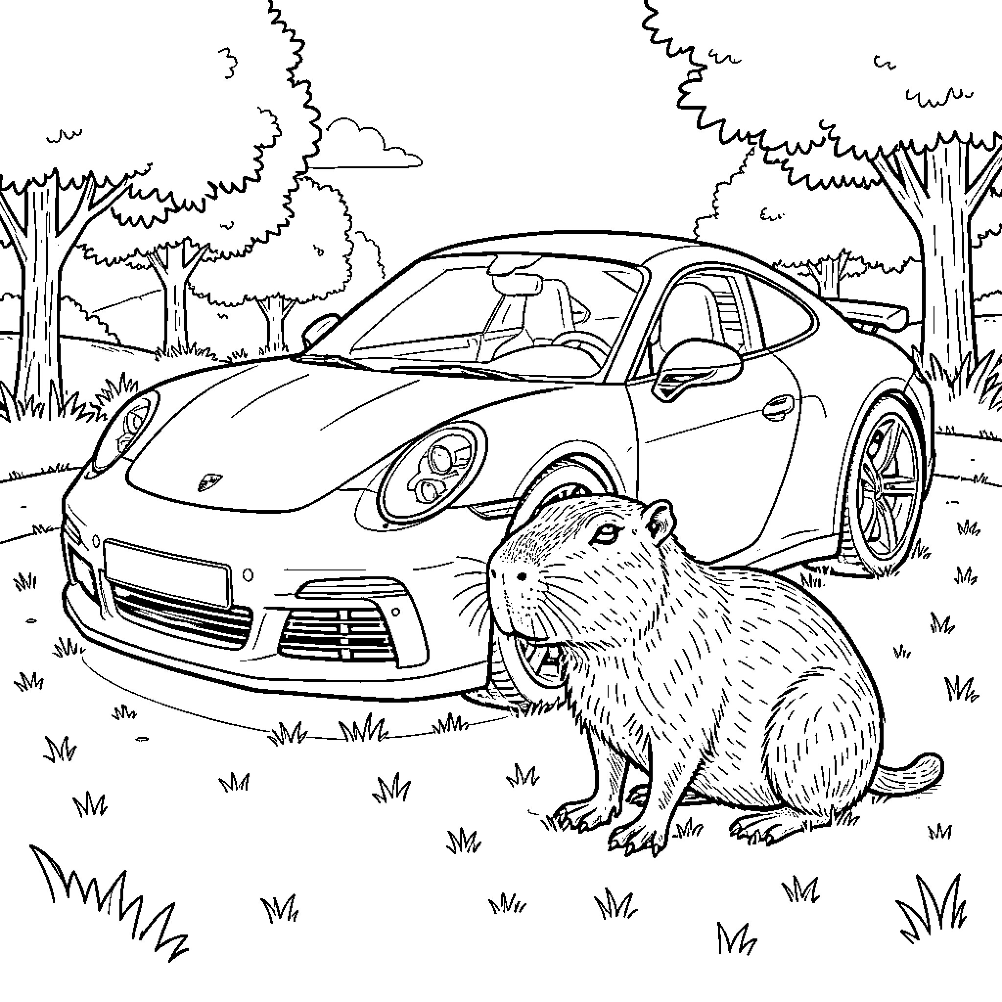 Porsche parked in a field next to a capybara Coloring Page (free black-and-white line drawing printable PDF for all, from beginners to advanced learners, including children, teens, adults, and seniors)