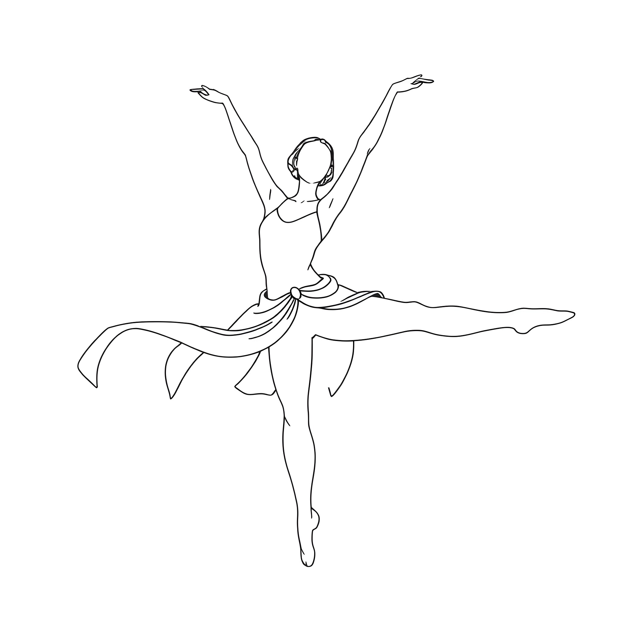 Woman dancing gracefully on stage Coloring Page (free black-and-white line drawing printable PDF for all, from beginners to advanced learners, including children, teens, adults, and seniors)