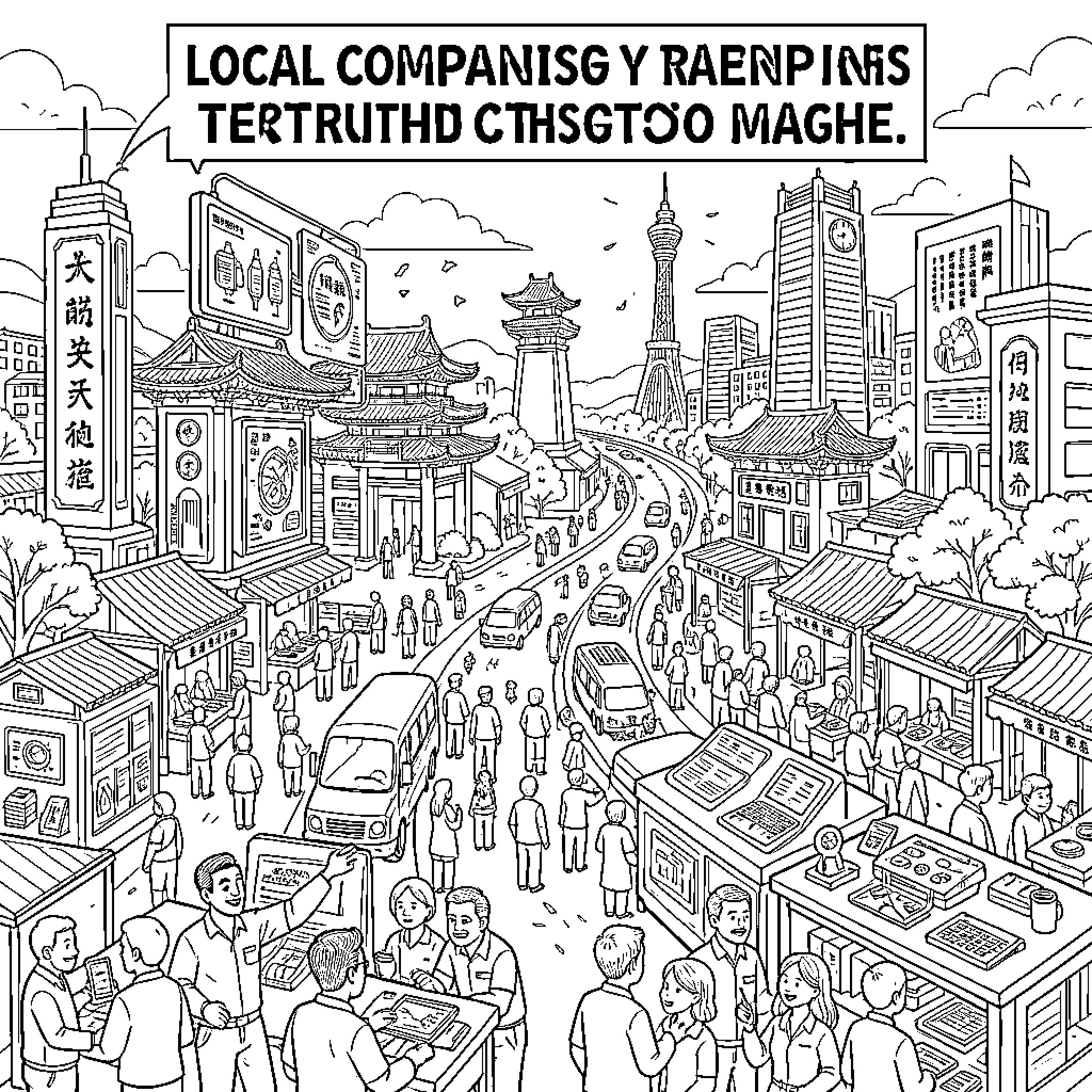 China's Bustling City Scenes and Local Businesses Coloring Page (free black-and-white line drawing printable PDF for all, from beginners to advanced learners, including children, teens, adults, and seniors)