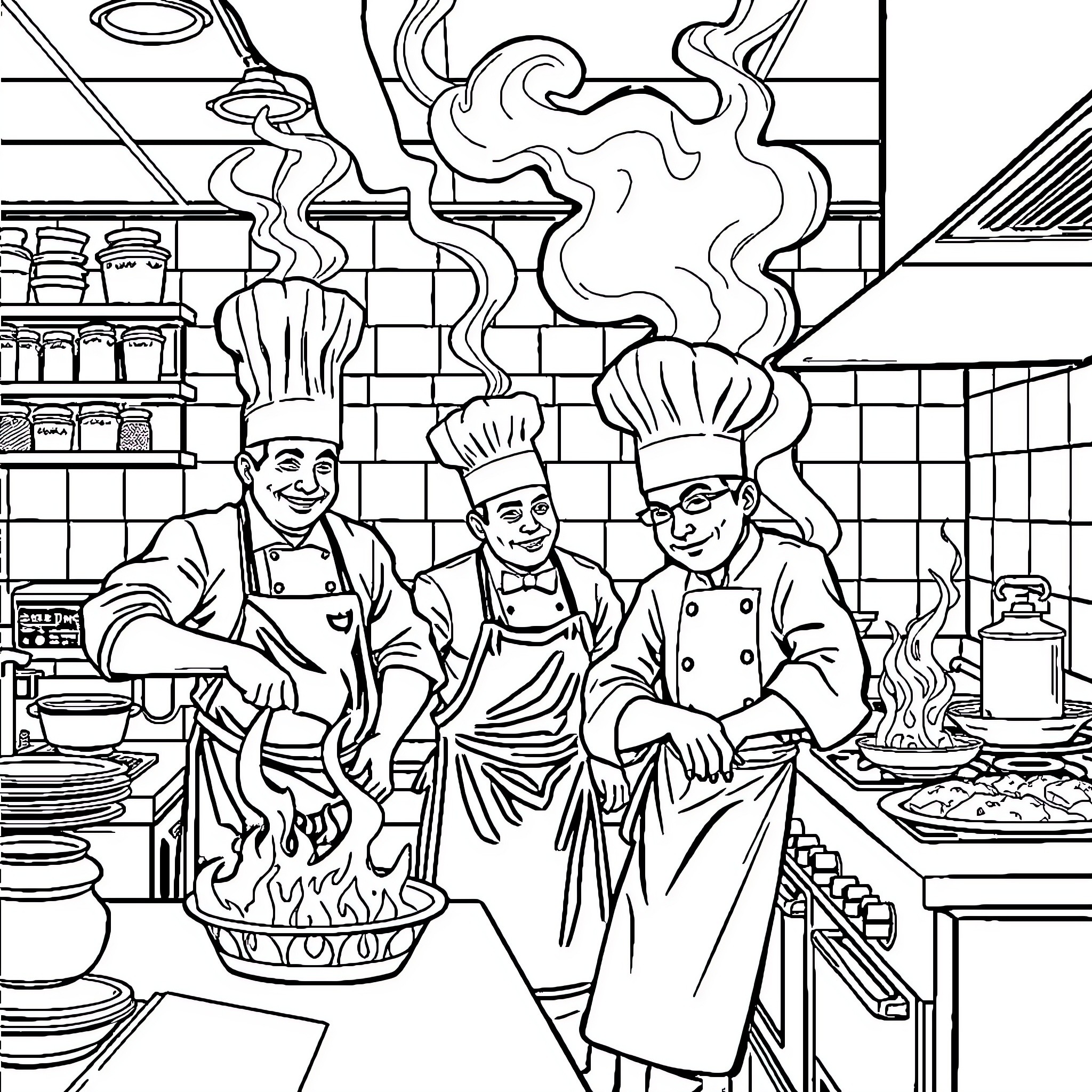 Chef team busy preparing delicious meals in kitchen Coloring Page (free black-and-white line drawing printable PDF for all, from beginners to advanced learners, including children, teens, adults, and seniors)
