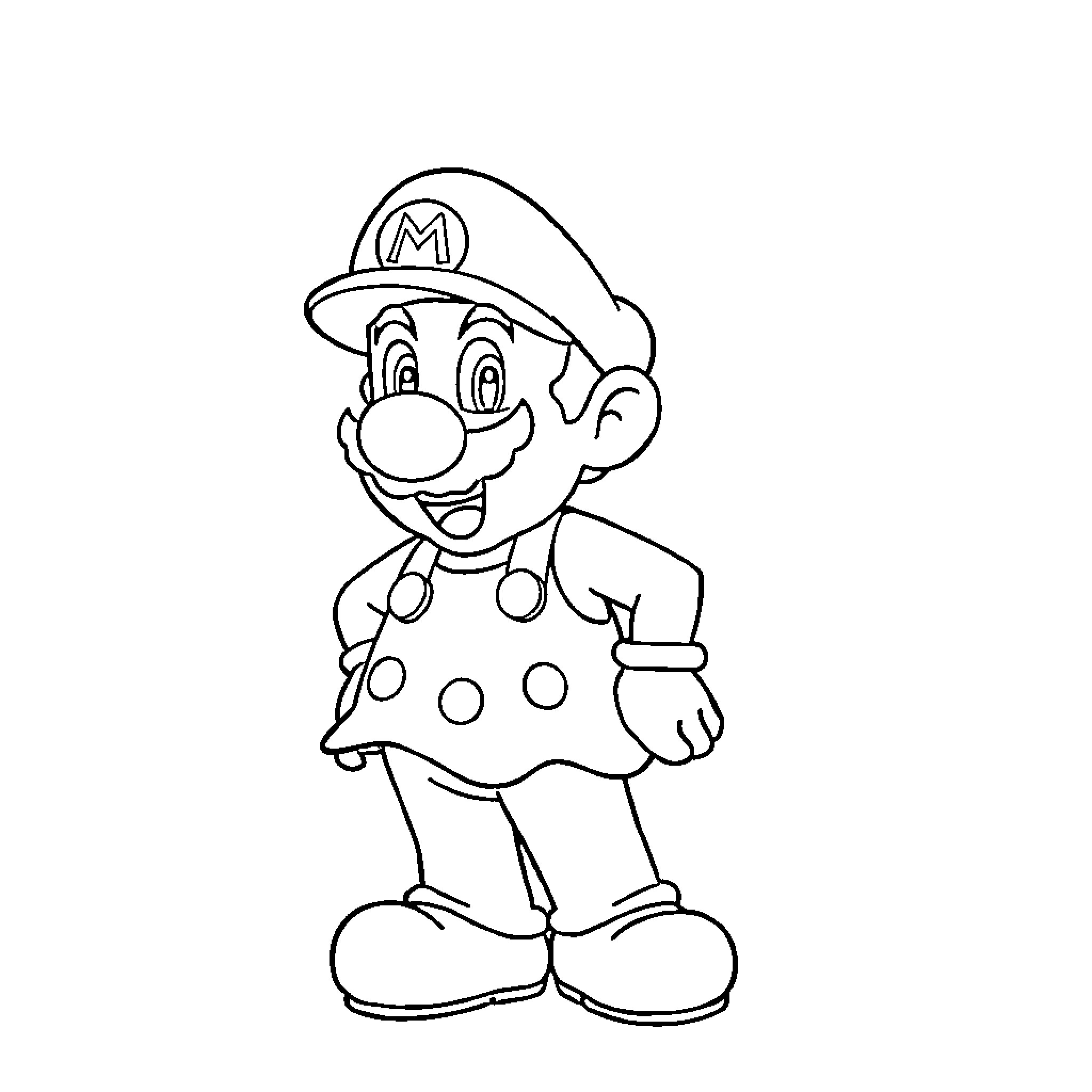 Mario in his iconic outfit and expression Coloring Page (free black-and-white line drawing printable PDF for all, from beginners to advanced learners, including children, teens, adults, and seniors)