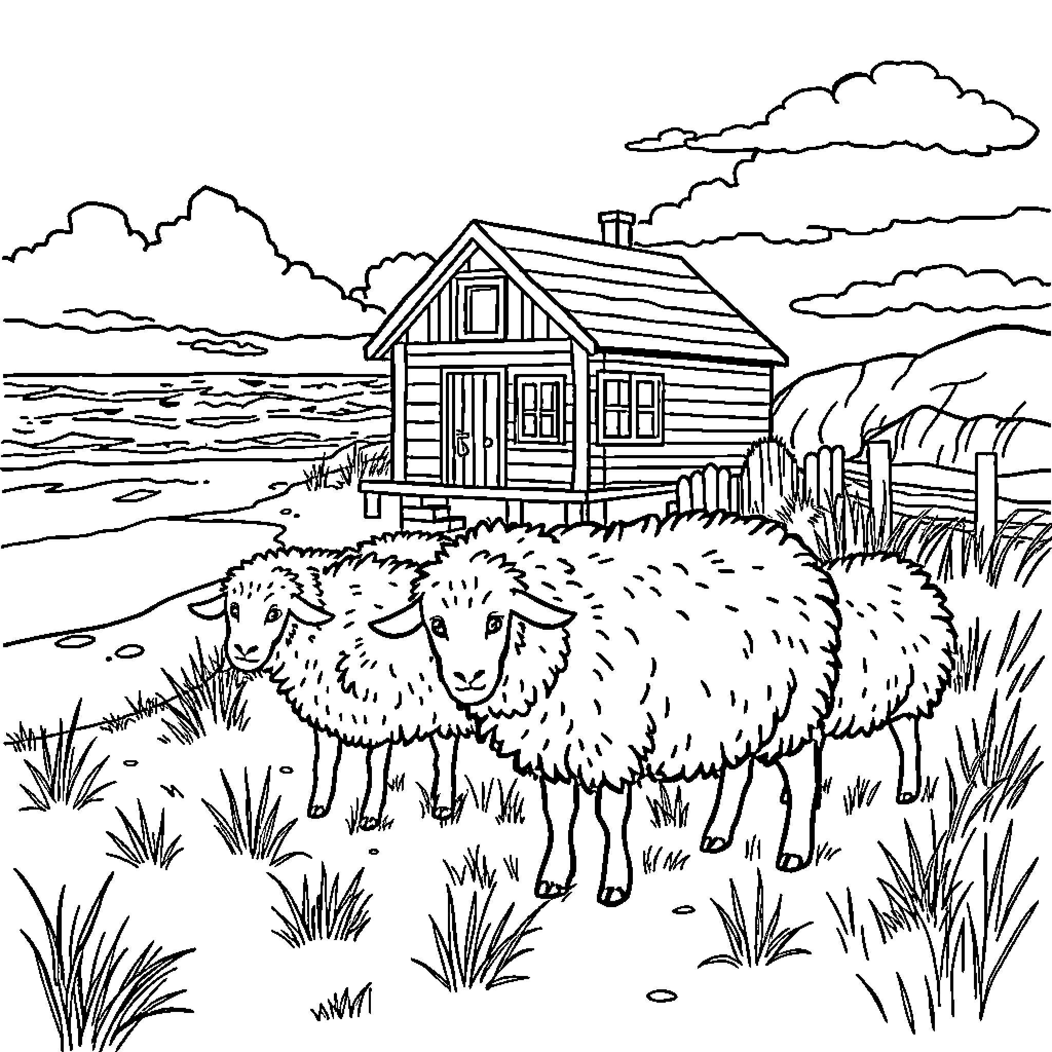 Sheep grazing peacefully near a rustic cabin Coloring Page (free black-and-white line drawing printable PDF for all, from beginners to advanced learners, including children, teens, adults, and seniors)