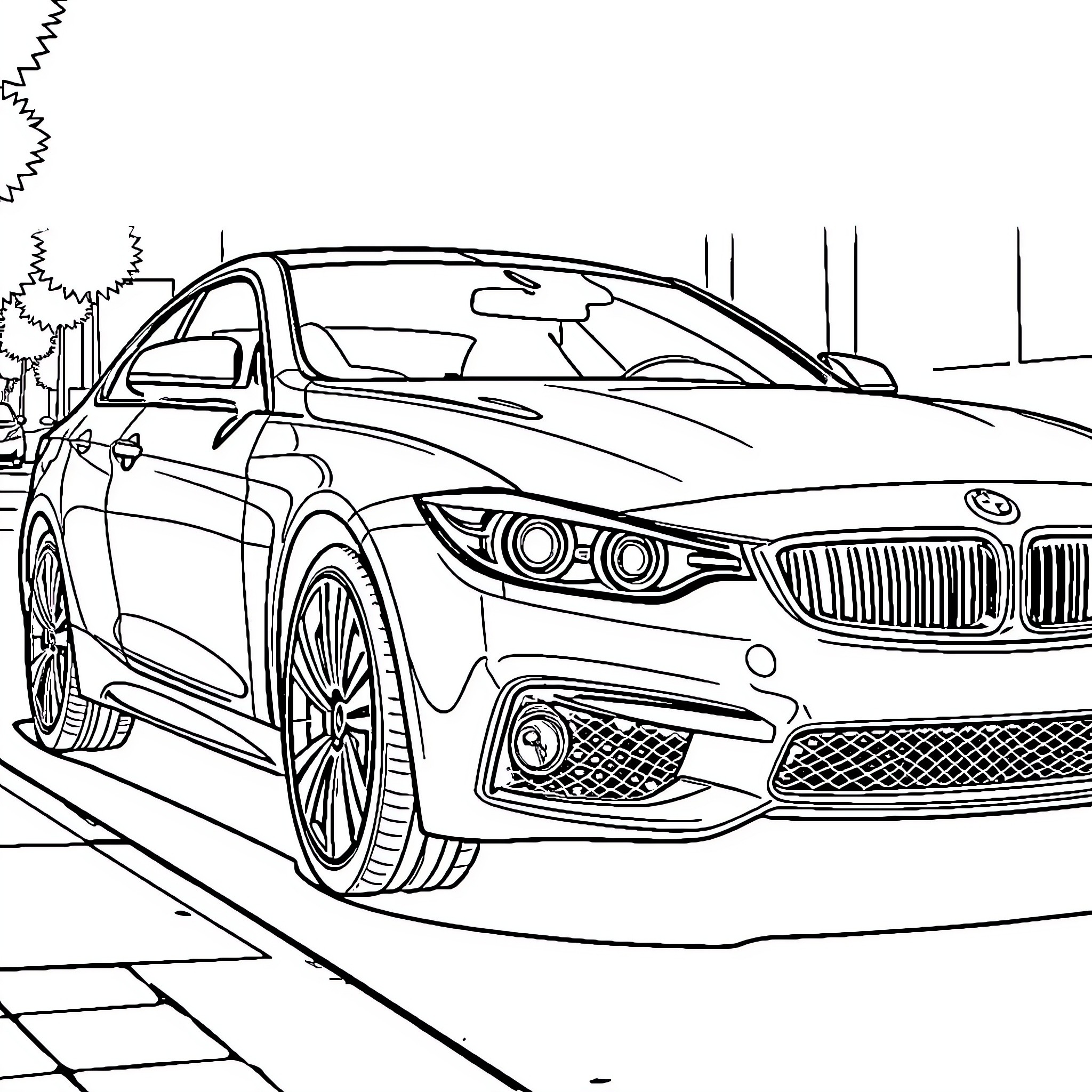 Car speeding on the road Coloring Page (free black-and-white line drawing printable PDF for all, from beginners to advanced learners, including children, teens, adults, and seniors)