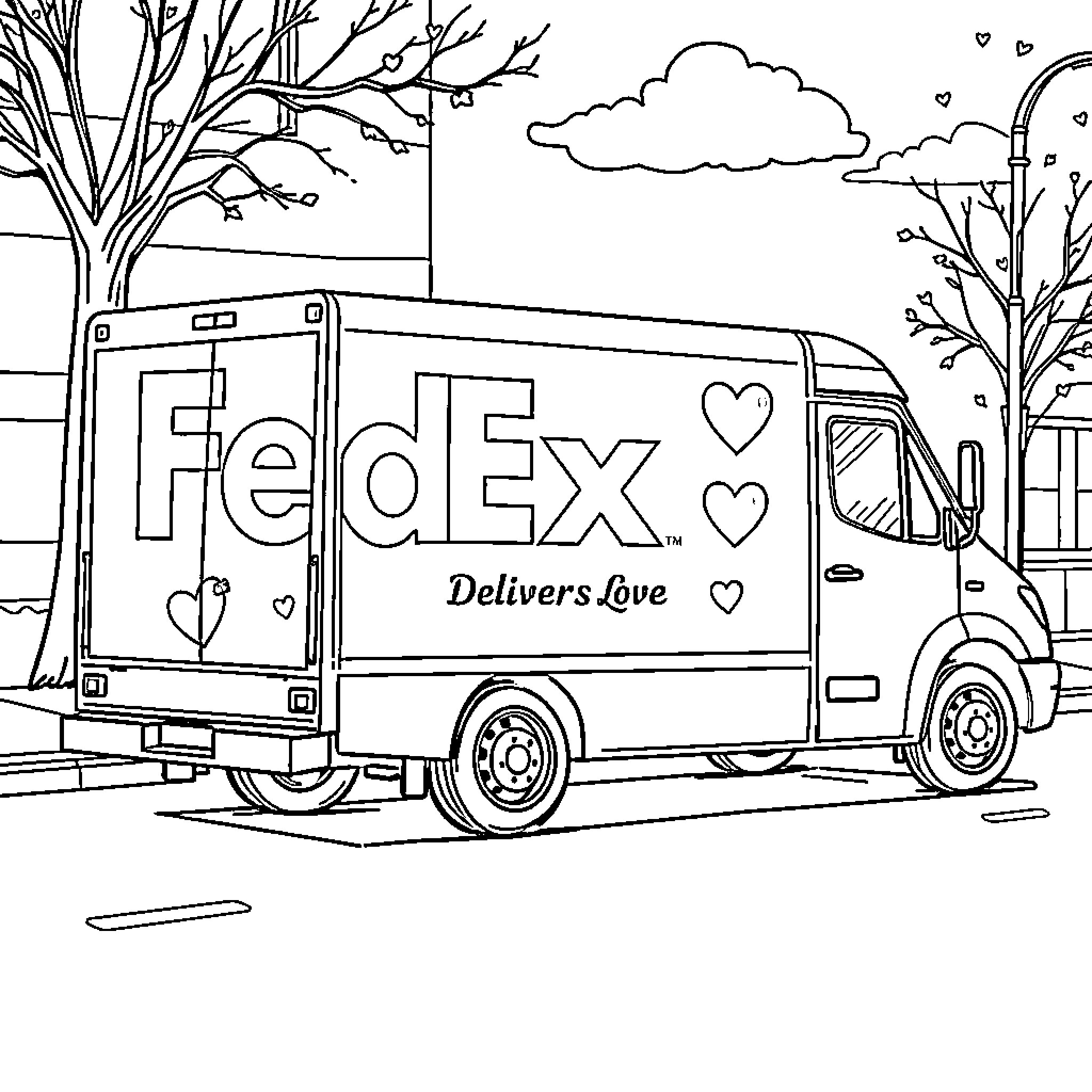 Truck Delivering Love on a Scenic Road Coloring Page (free black-and-white line drawing printable PDF for all, from beginners to advanced learners, including children, teens, adults, and seniors)