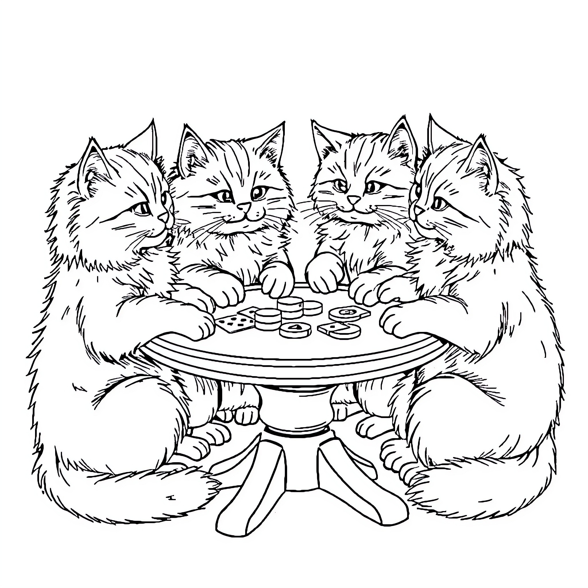 Cat friends enjoying a cozy tea party Coloring Page (free black-and-white line drawing printable PDF for all, from beginners to advanced learners, including children, teens, adults, and seniors)