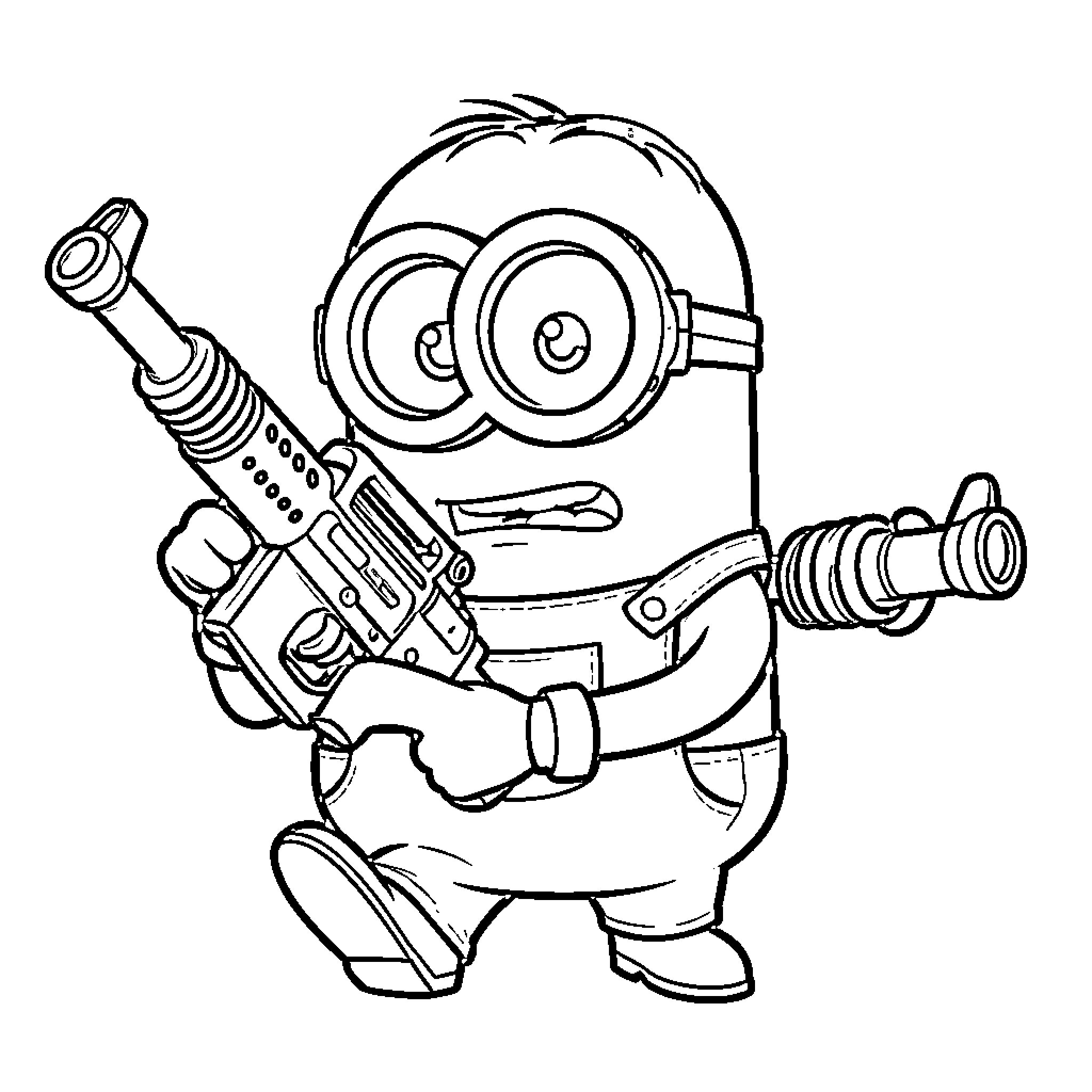 Minion holding a large futuristic blaster weapon Coloring Page (free black-and-white line drawing printable PDF for all, from beginners to advanced learners, including children, teens, adults, and seniors)