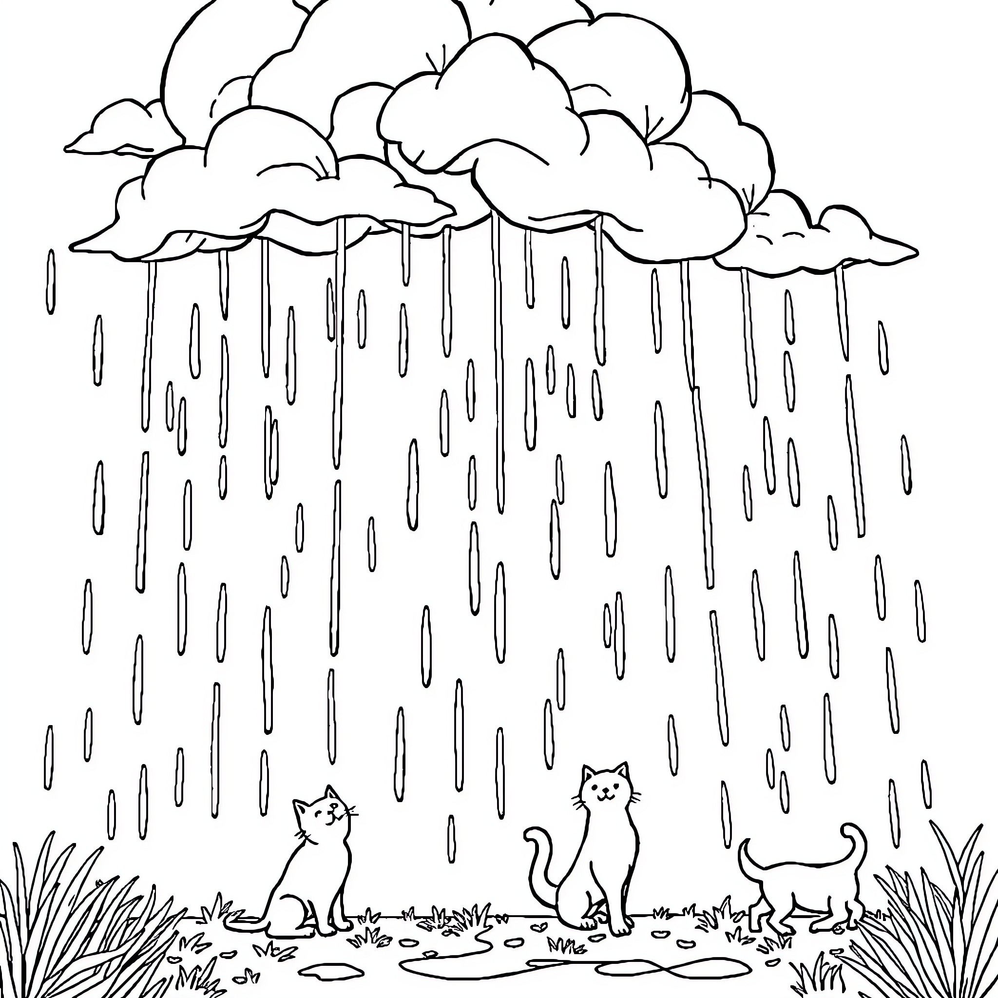 Cat and Dog playing in the rain Coloring Page (free black-and-white line drawing printable PDF for all, from beginners to advanced learners, including children, teens, adults, and seniors)