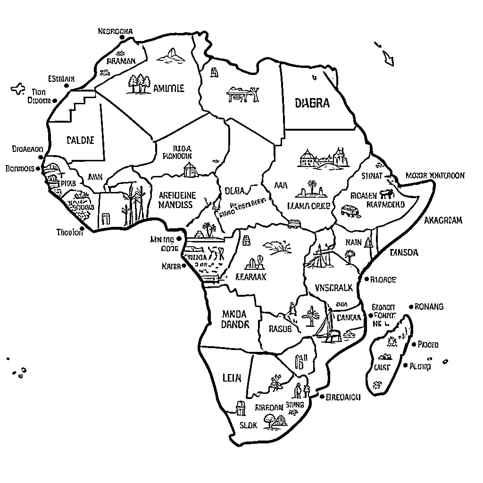 Africa map featuring various regional landmarks and icons Coloring Page (free black-and-white line drawing printable PDF for all, from beginners to advanced learners, including children, teens, adults, and seniors)