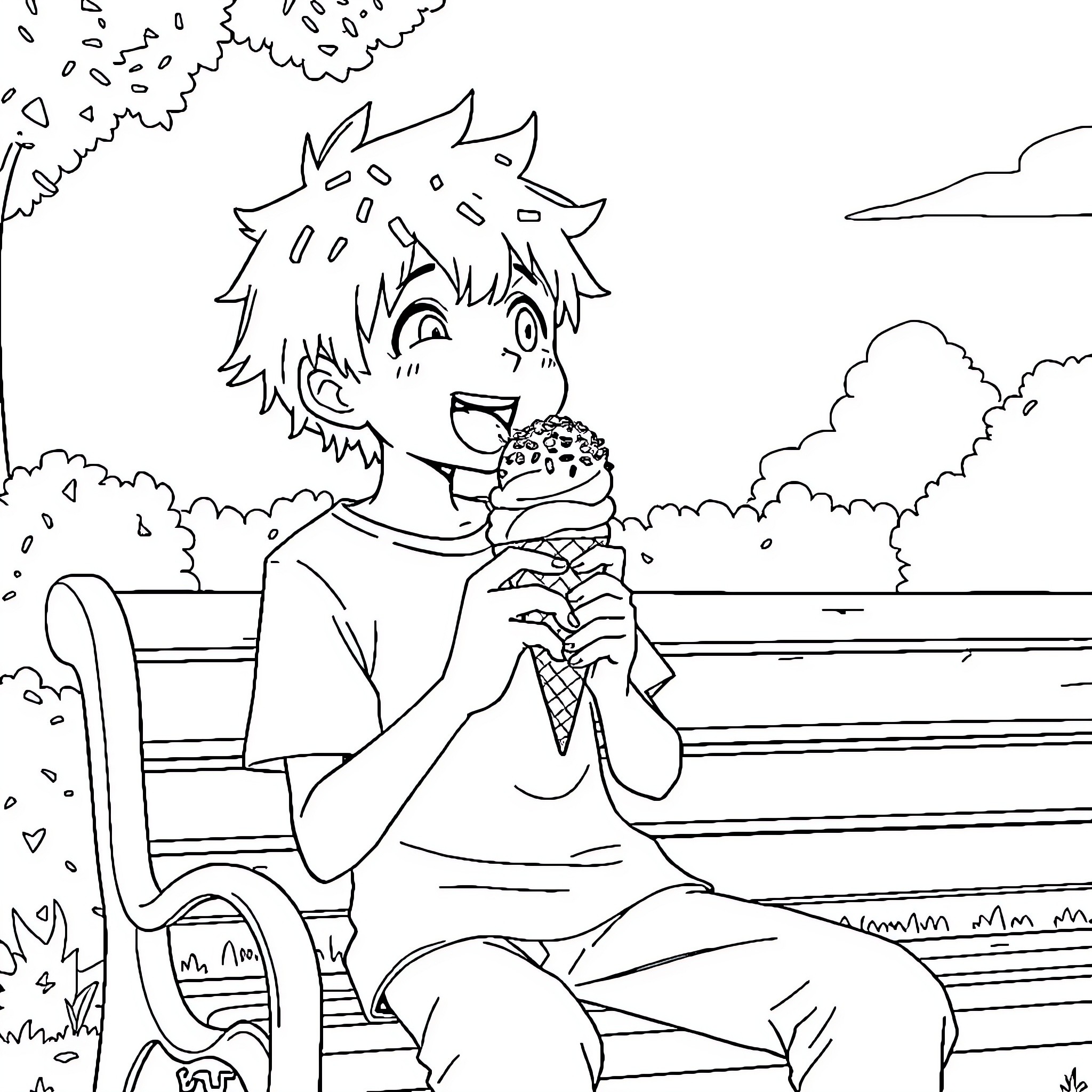 Asta enjoying an ice cream on a park bench Coloring Page (free black-and-white line drawing printable PDF for all, from beginners to advanced learners, including children, teens, adults, and seniors)