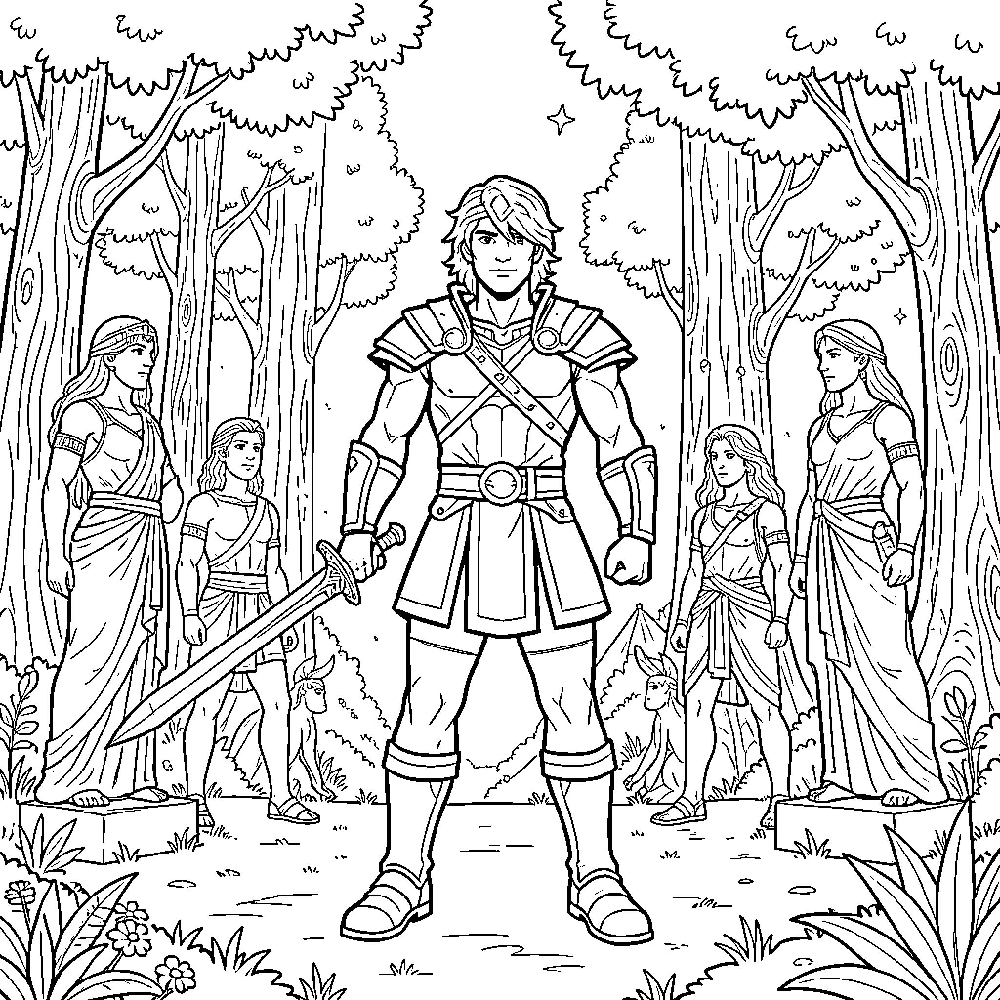 Percy Jackson and his companions in a magical forest Coloring Page (free black-and-white line drawing printable PDF for all, from beginners to advanced learners, including children, teens, adults, and seniors)