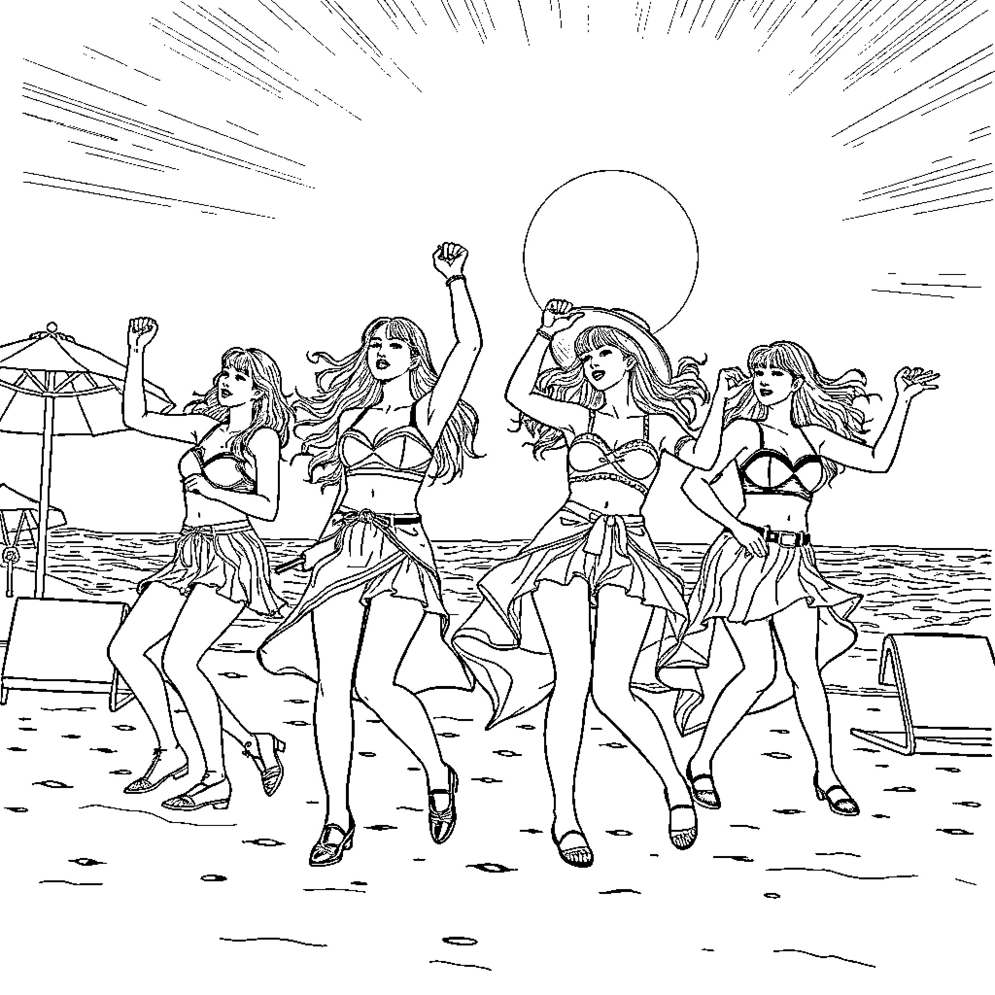 Kpop Idols Celebrating on the Beach Coloring Page (free black-and-white line drawing printable PDF for all, from beginners to advanced learners, including children, teens, adults, and seniors)