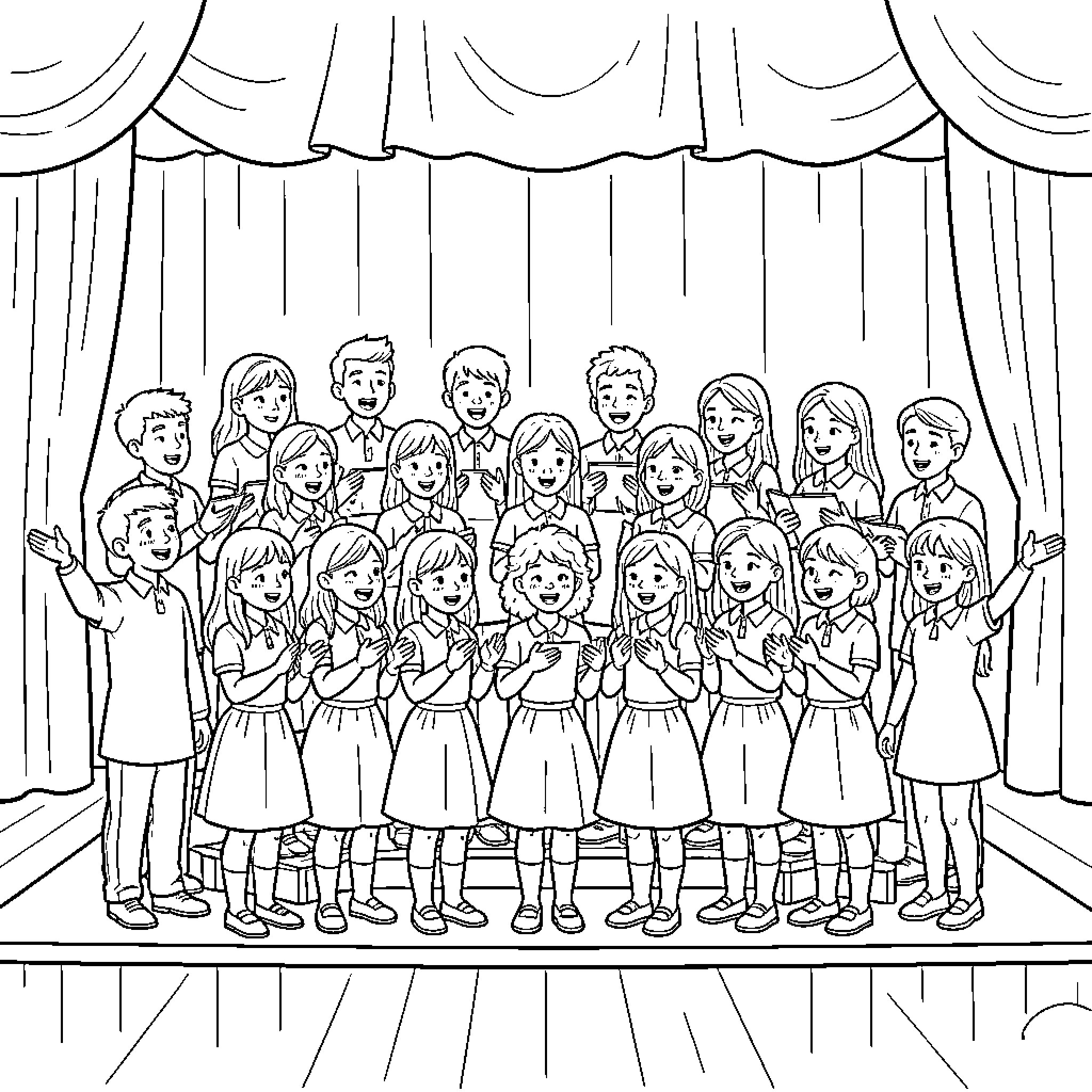 Choir of children singing joyfully on a stage Coloring Page (free black-and-white line drawing printable PDF for all, from beginners to advanced learners, including children, teens, adults, and seniors)