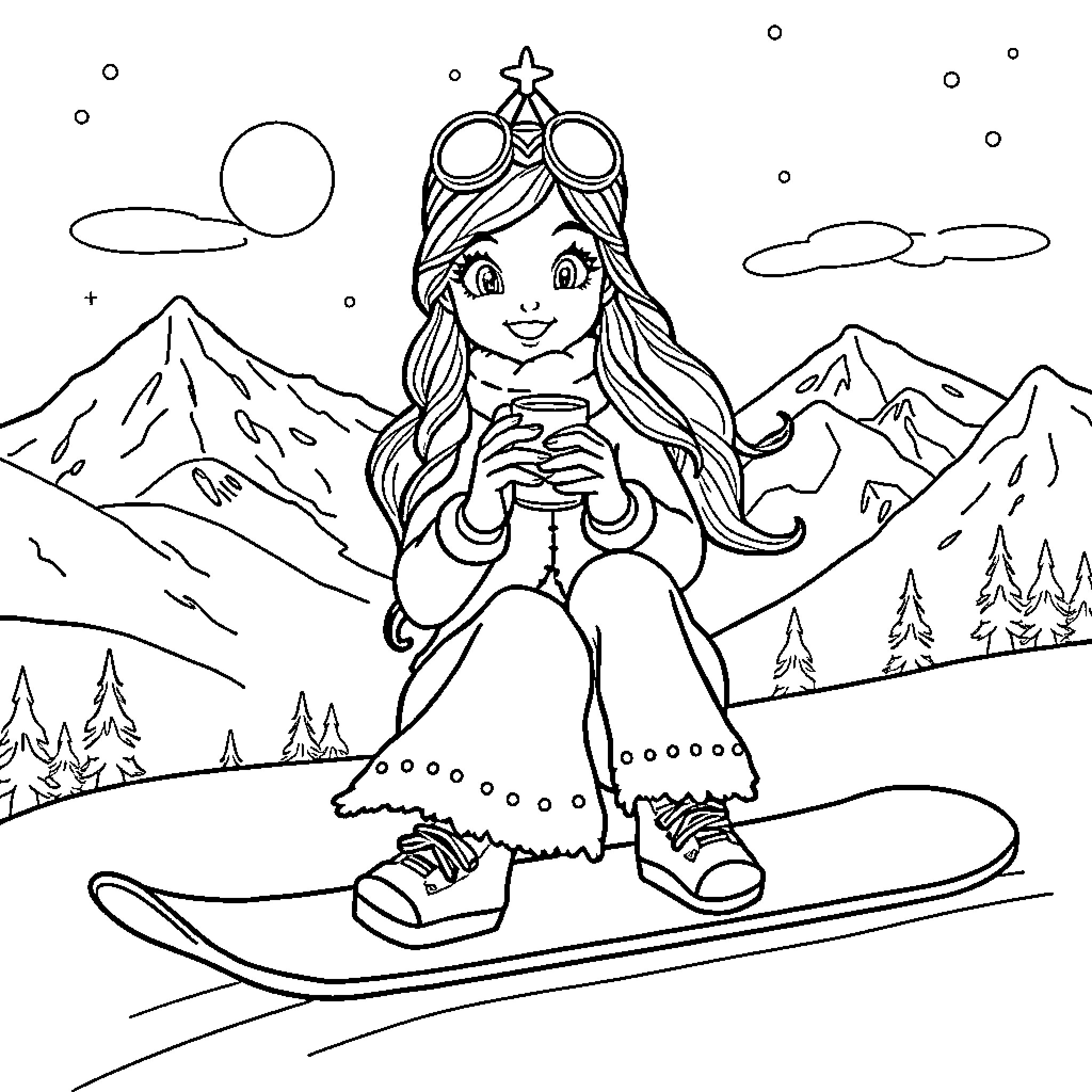 Princess enjoying snowboarding in the mountains Coloring Page (free black-and-white line drawing printable PDF for all, from beginners to advanced learners, including children, teens, adults, and seniors)