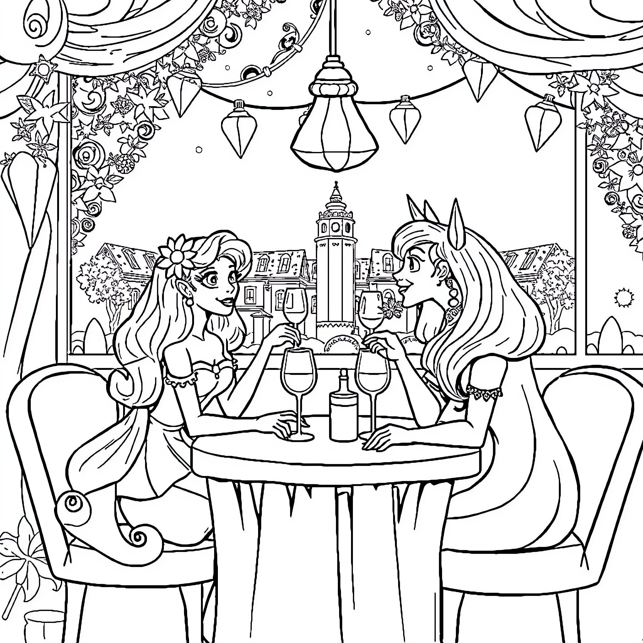 Beauty And The Beast Sharing A Meal In A Romantic Setting Coloring Page (free black-and-white line drawing printable PDF for all, from beginners to advanced learners, including children, teens, adults, and seniors)