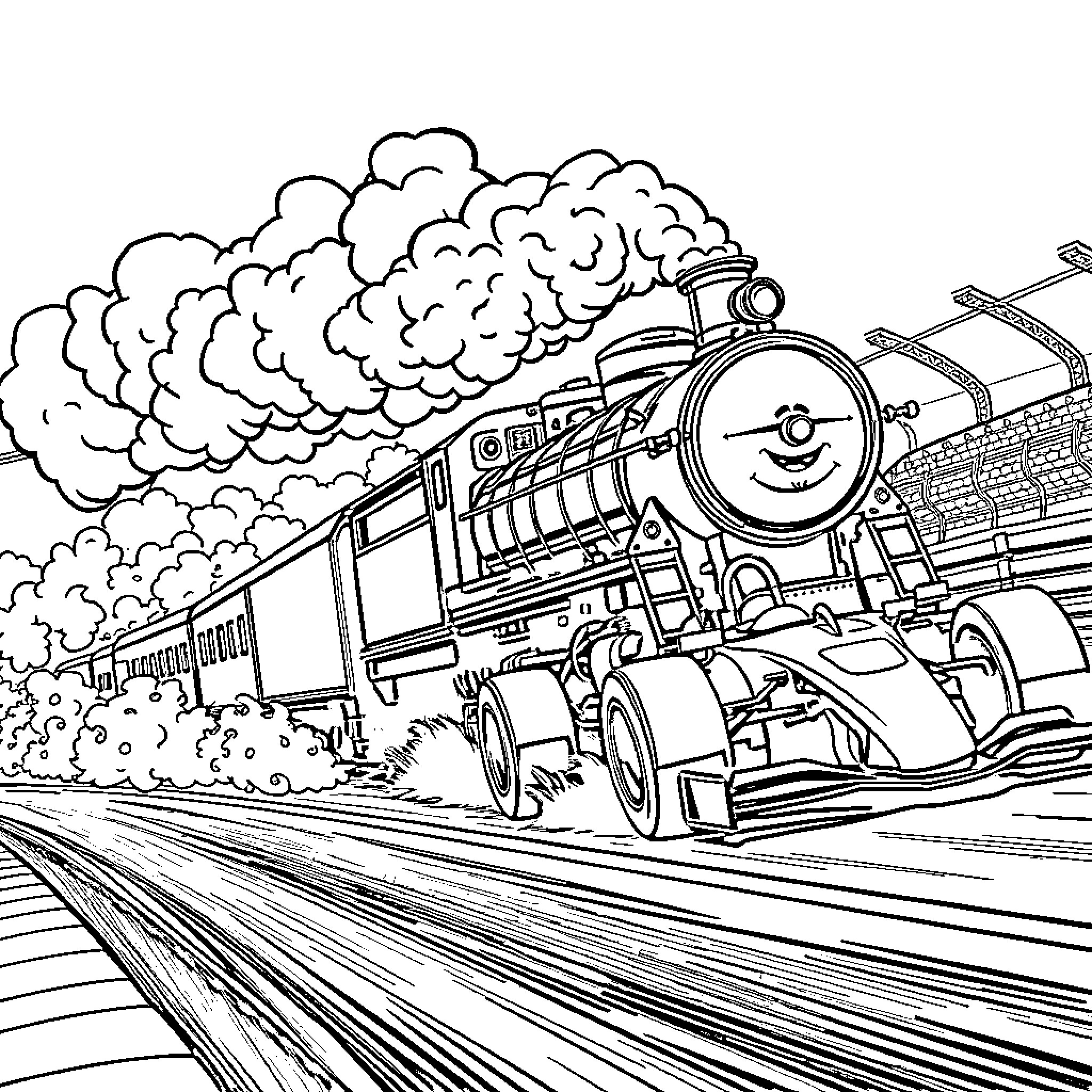 Train Speeding Through the Countryside Coloring Page (free black-and-white line drawing printable PDF for all, from beginners to advanced learners, including children, teens, adults, and seniors)