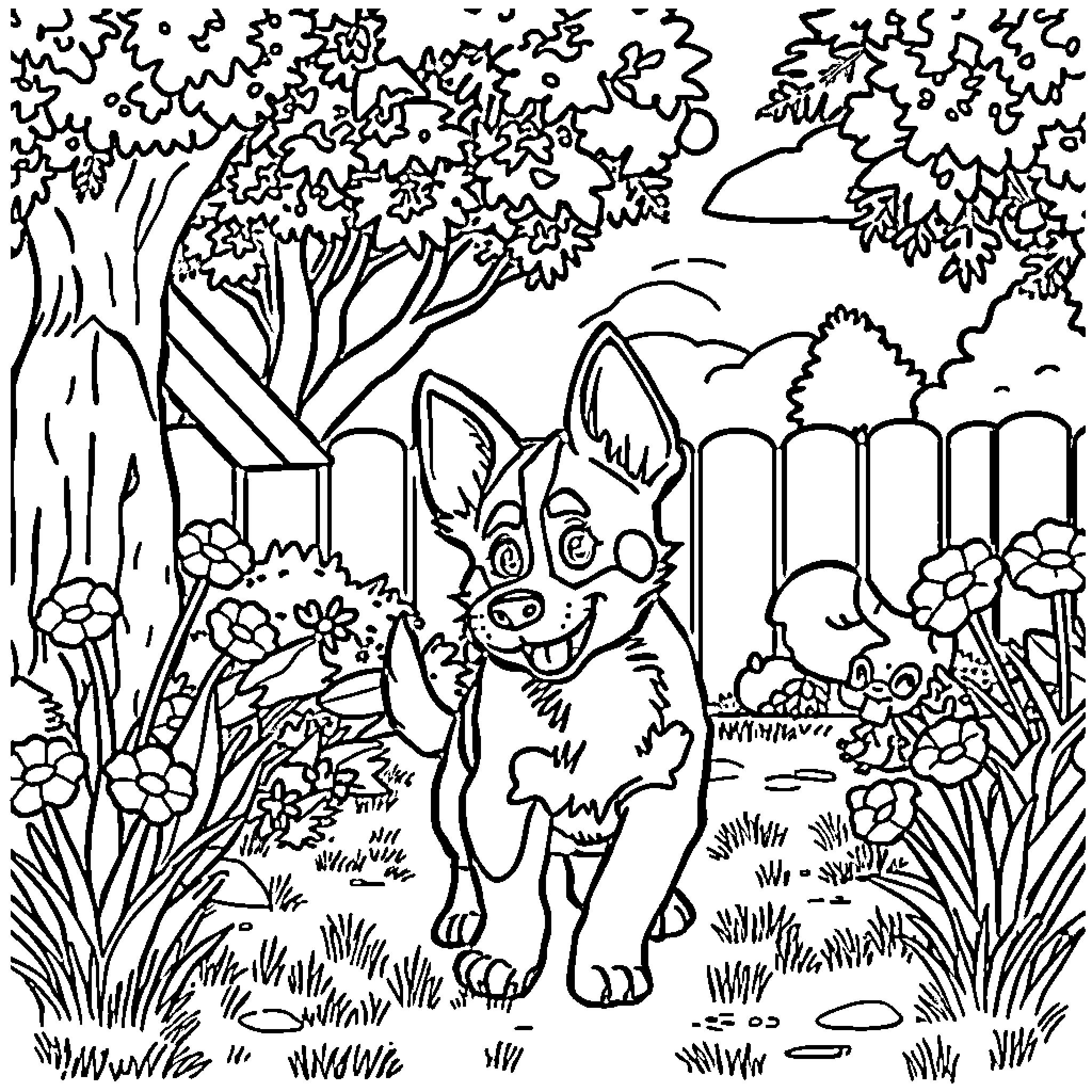 Bluey playing in the garden with friends Coloring Page (free black-and-white line drawing printable PDF for all, from beginners to advanced learners, including children, teens, adults, and seniors)