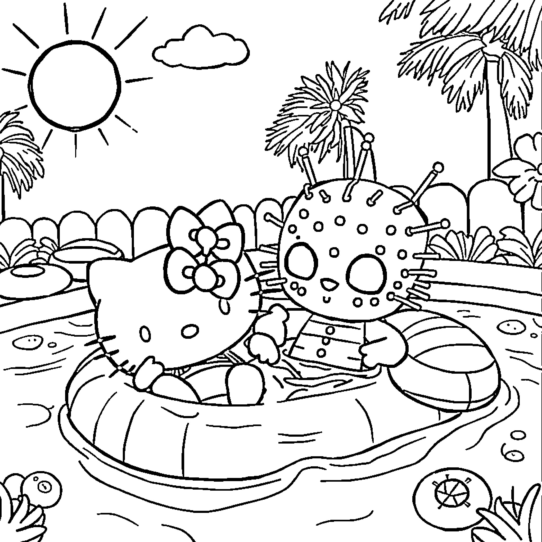 Hello Kitty enjoying a sunny beach day Coloring Page (free black-and-white line drawing printable PDF for all, from beginners to advanced learners, including children, teens, adults, and seniors)
