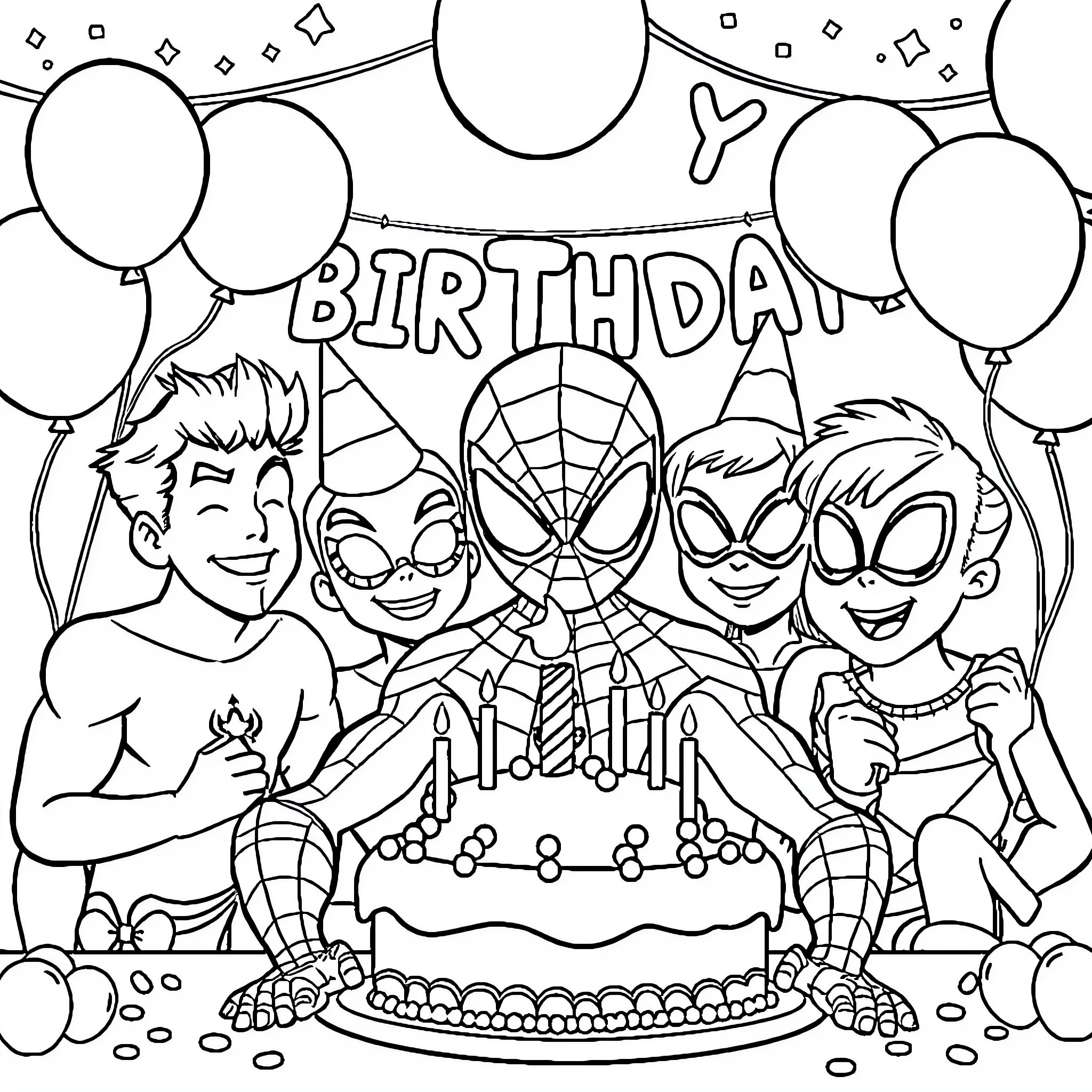 Spider-Friends Celebrate a Joyous Birthday Coloring Page (free black-and-white line drawing printable PDF for all, from beginners to advanced learners, including children, teens, adults, and seniors)