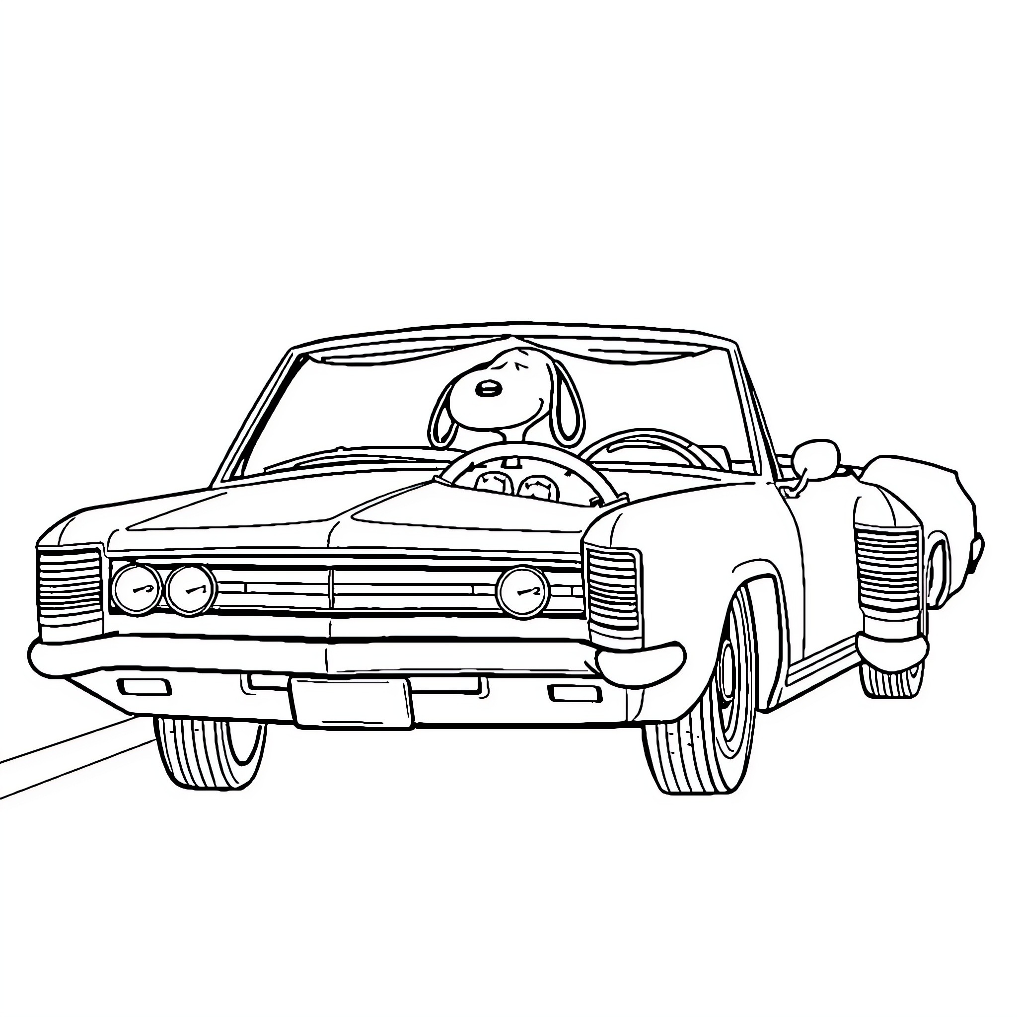 Buick Convertible with Playful Passenger Coloring Page (free black-and-white line drawing printable PDF for all, from beginners to advanced learners, including children, teens, adults, and seniors)