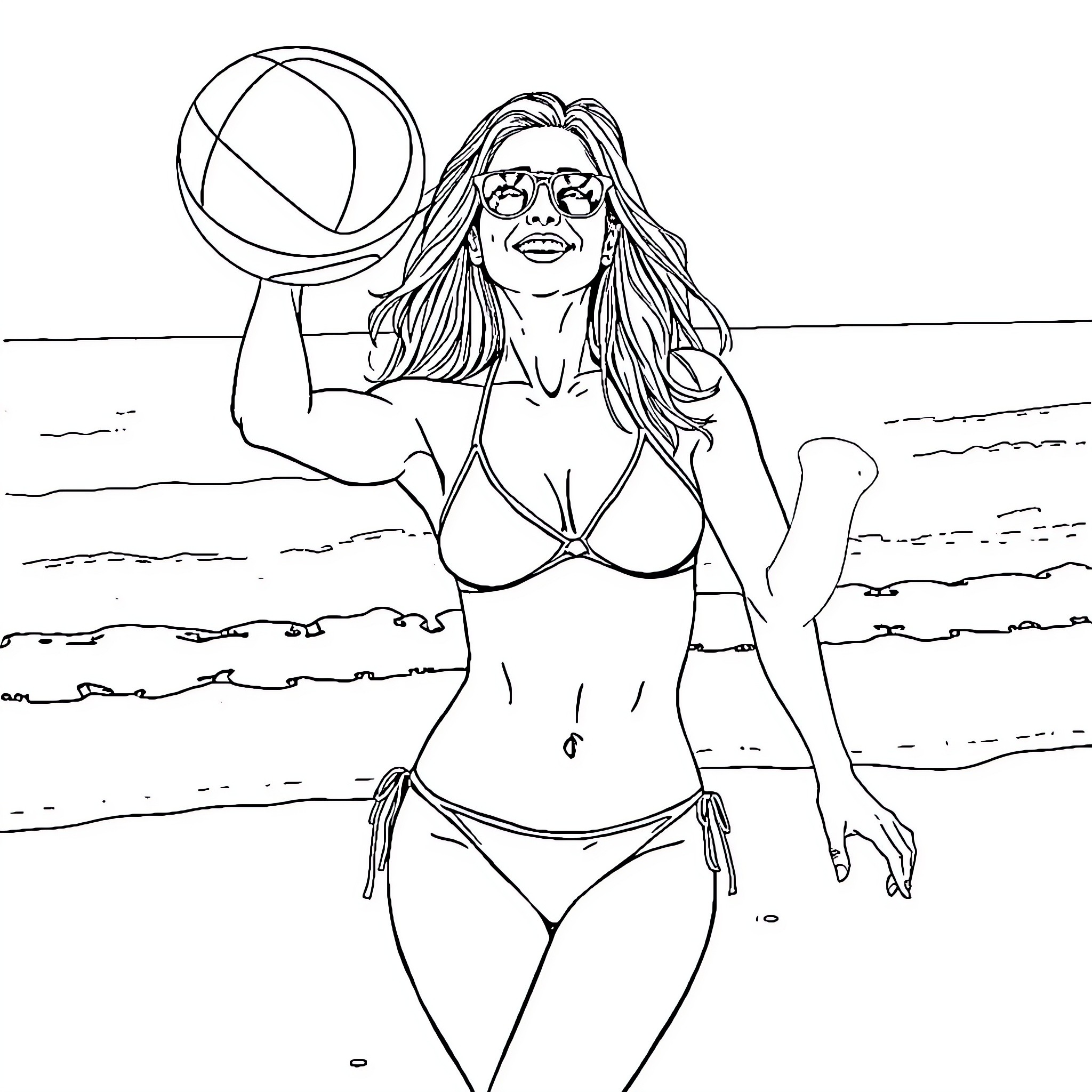 Jennifer Aniston playing with a beach ball in swimwear Coloring Page (free black-and-white line drawing printable PDF for all, from beginners to advanced learners, including children, teens, adults, and seniors)