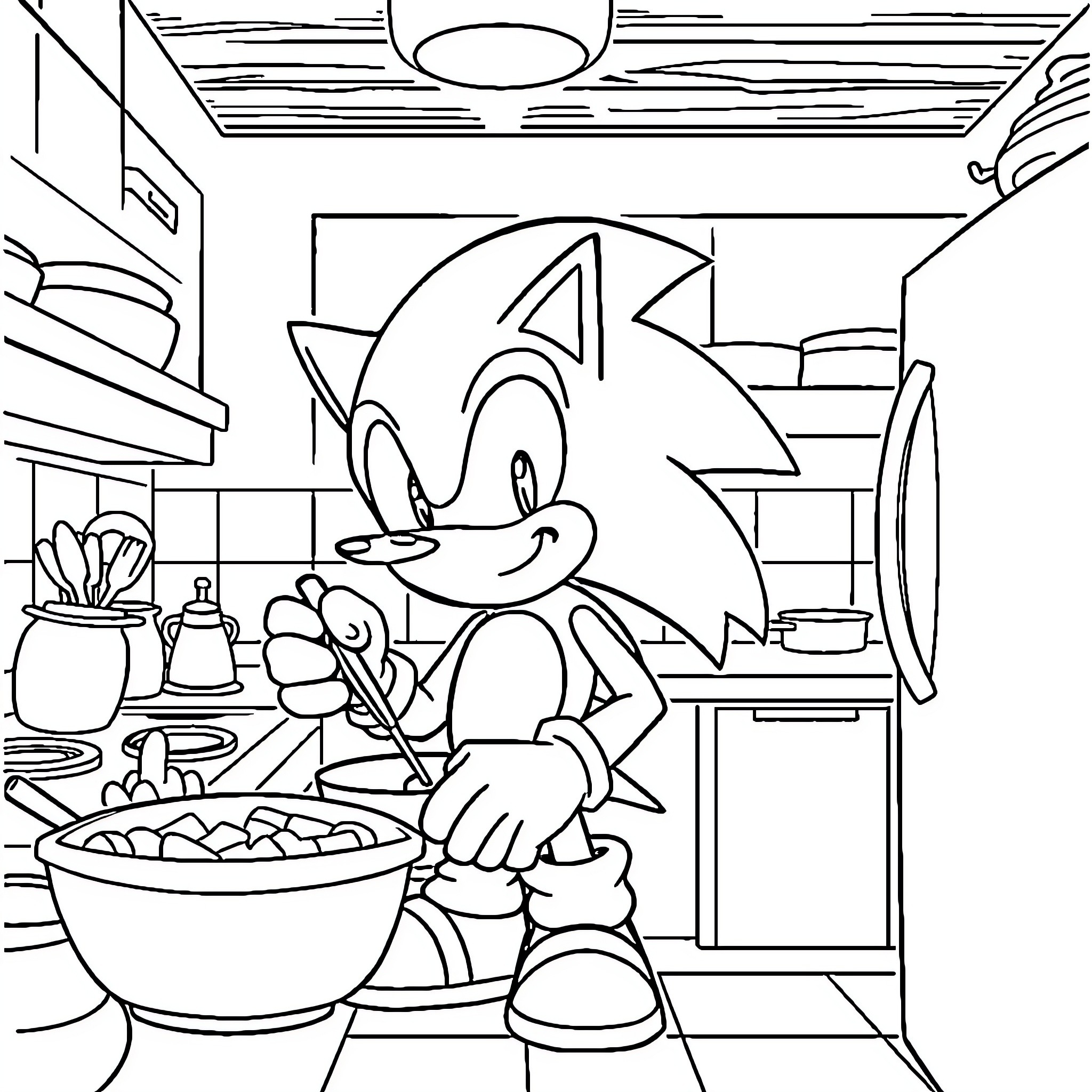 Sonic's Cooking Adventure in the Kitchen Coloring Page (free black-and-white line drawing printable PDF for all, from beginners to advanced learners, including children, teens, adults, and seniors)