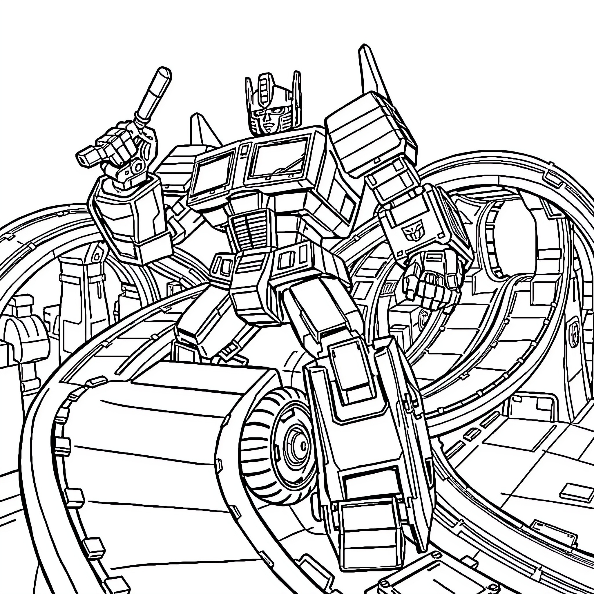 Optimus Prime's Heroic Transformation in Action Coloring Page (free black-and-white line drawing printable PDF for all, from beginners to advanced learners, including children, teens, adults, and seniors)