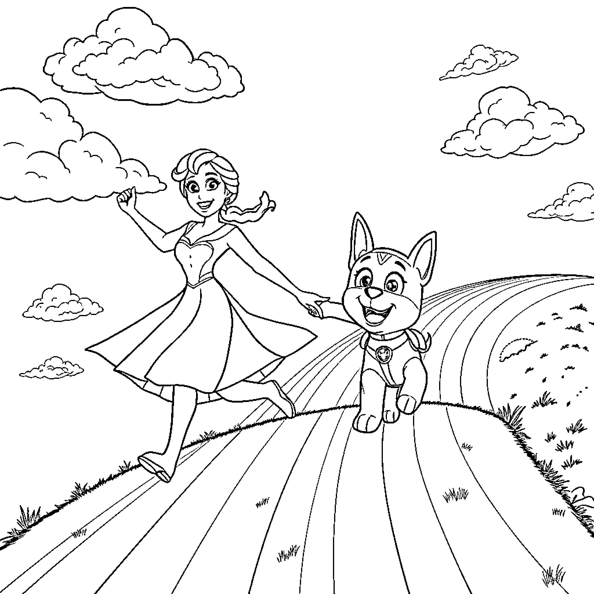 Elsa and Paw Patrol Pup Enjoying an Outdoor Adventure Coloring Page (free black-and-white line drawing printable PDF for all, from beginners to advanced learners, including children, teens, adults, and seniors)