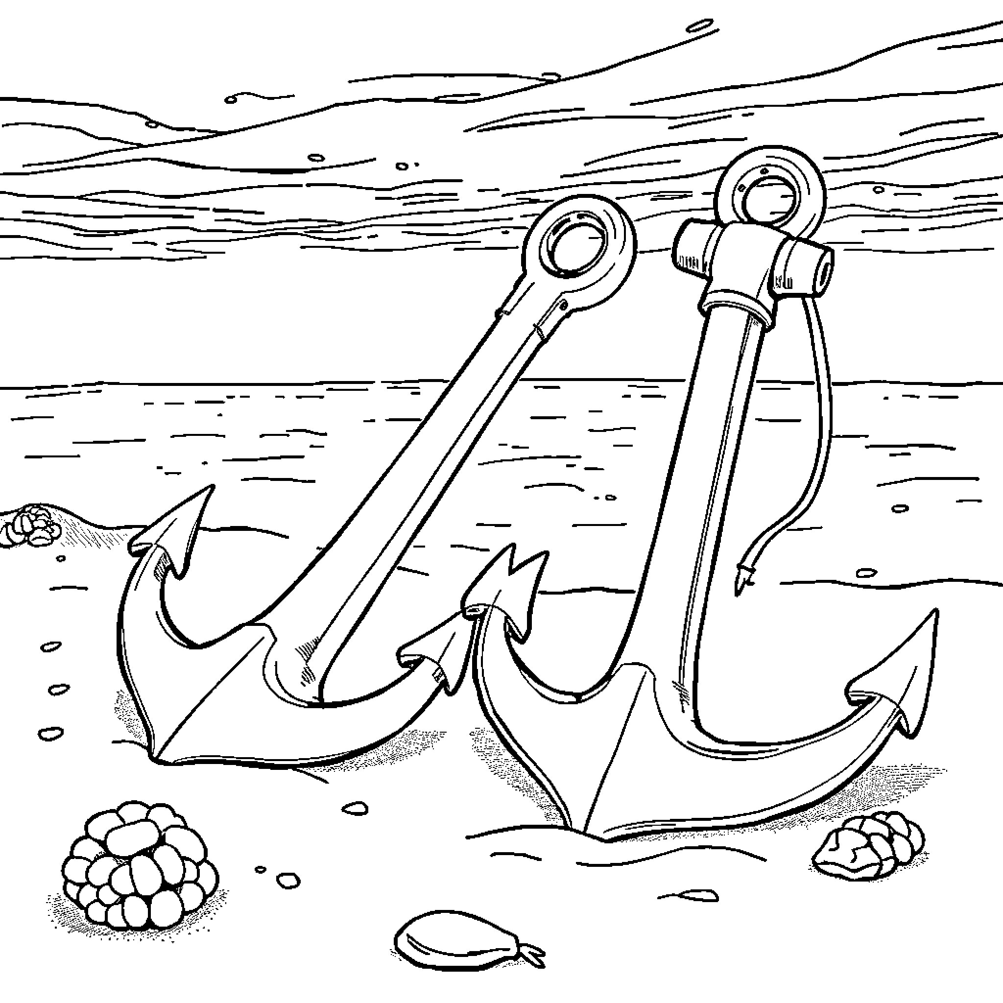 Anchor on the rocky shore Coloring Page (free black-and-white line drawing printable PDF for all, from beginners to advanced learners, including children, teens, adults, and seniors)