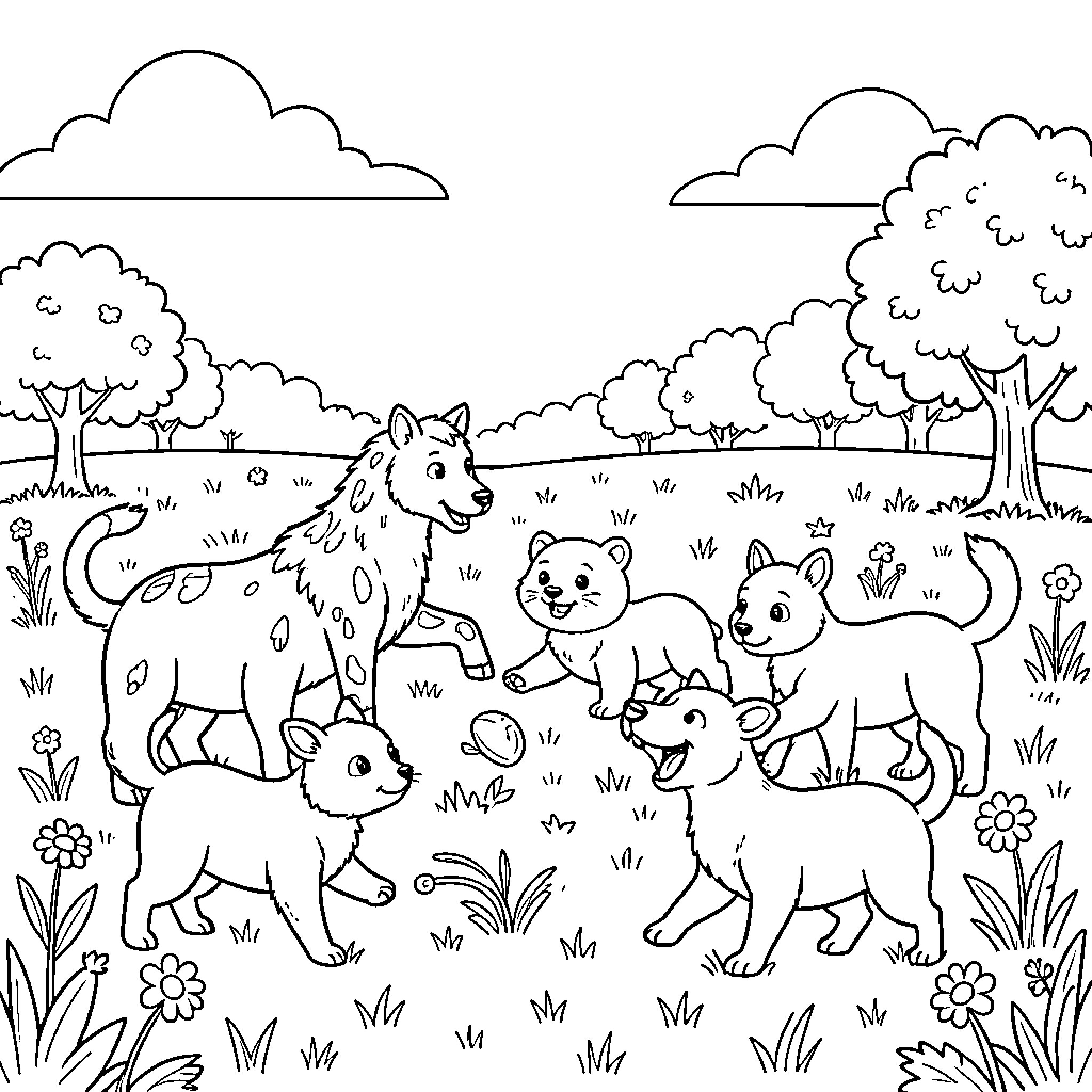 Animals playing in the forest Coloring Page (free black-and-white line drawing printable PDF for all, from beginners to advanced learners, including children, teens, adults, and seniors)