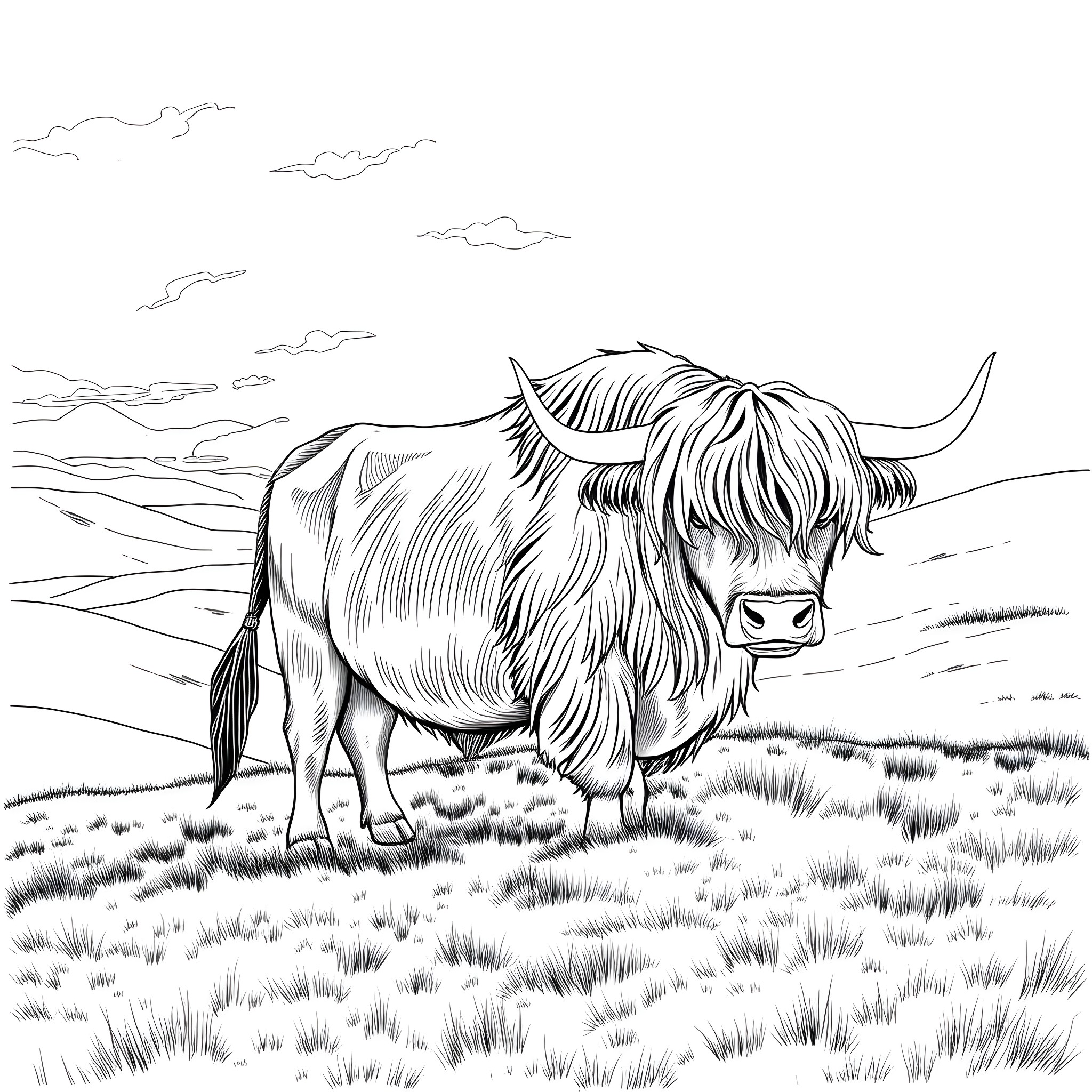Highland Cattle Grazing in Rolling Hills Coloring Page (free black-and-white line drawing printable PDF for all, from beginners to advanced learners, including children, teens, adults, and seniors)