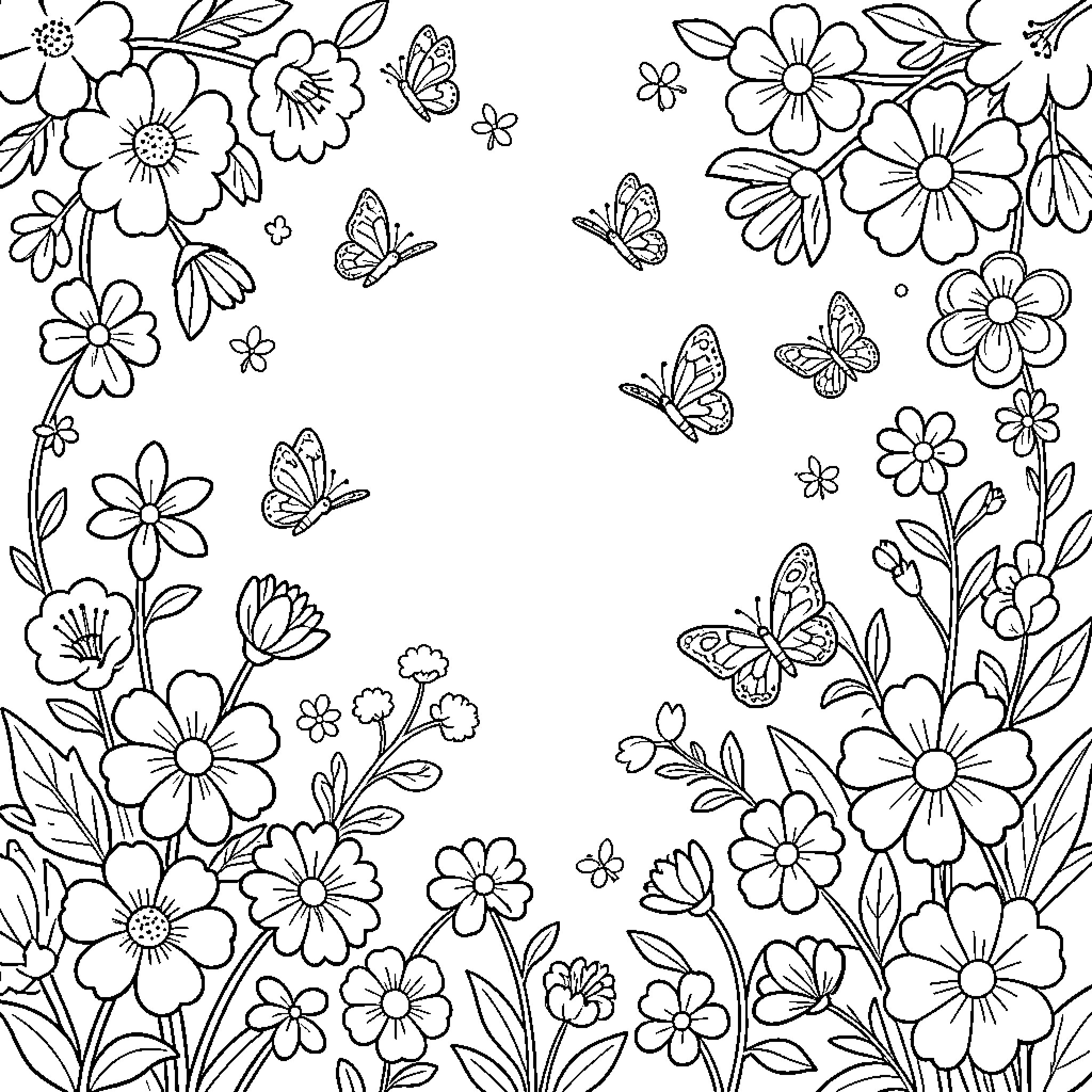 Spring Flowers and Butterflies in the Garden Coloring Page (free black-and-white line drawing printable PDF for all, from beginners to advanced learners, including children, teens, adults, and seniors)