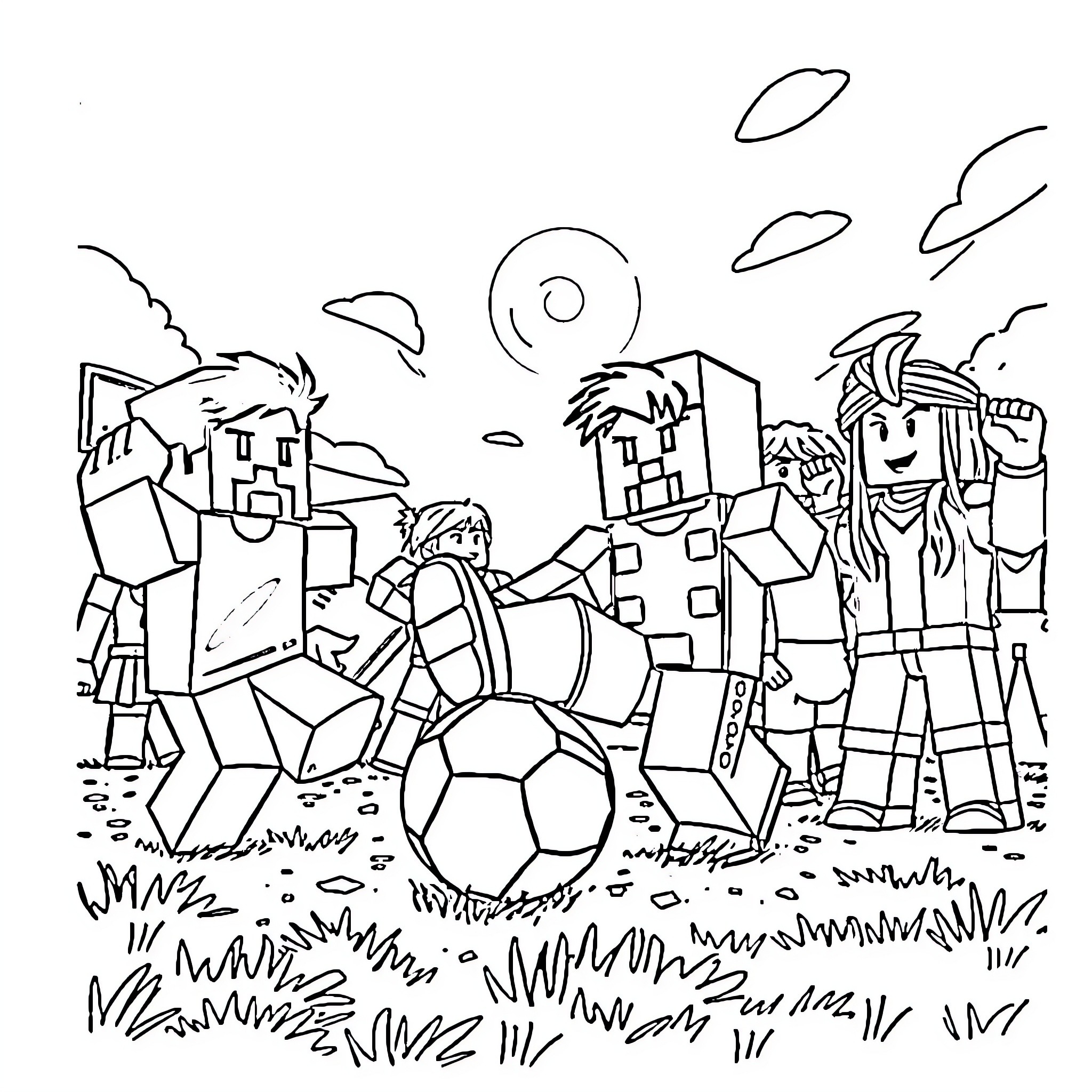 Character Robots Playing Soccer in a Grassy Field Coloring Page (free black-and-white line drawing printable PDF for all, from beginners to advanced learners, including children, teens, adults, and seniors)