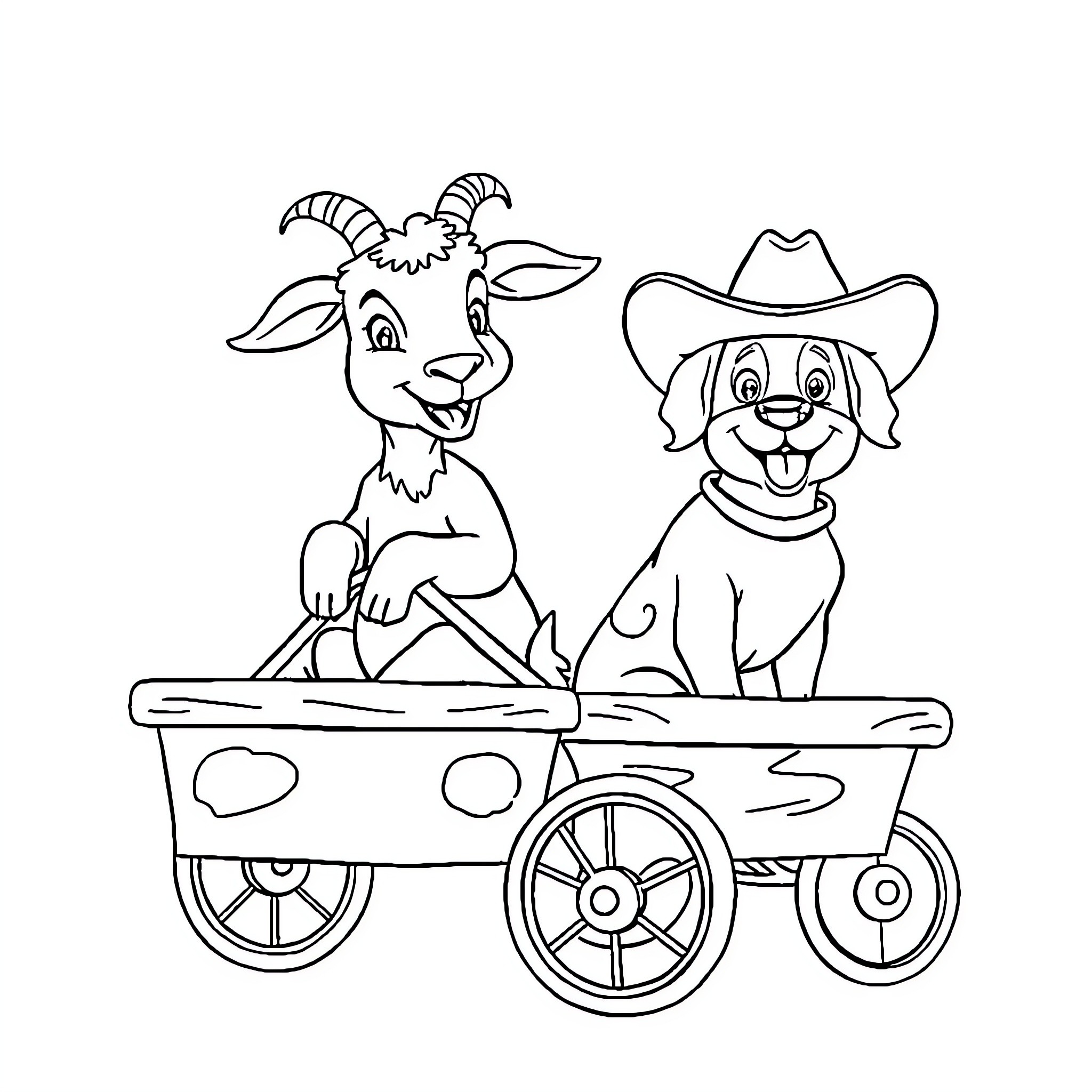 Goat and dog riding in a wagon together Coloring Page (free black-and-white line drawing printable PDF for all, from beginners to advanced learners, including children, teens, adults, and seniors)