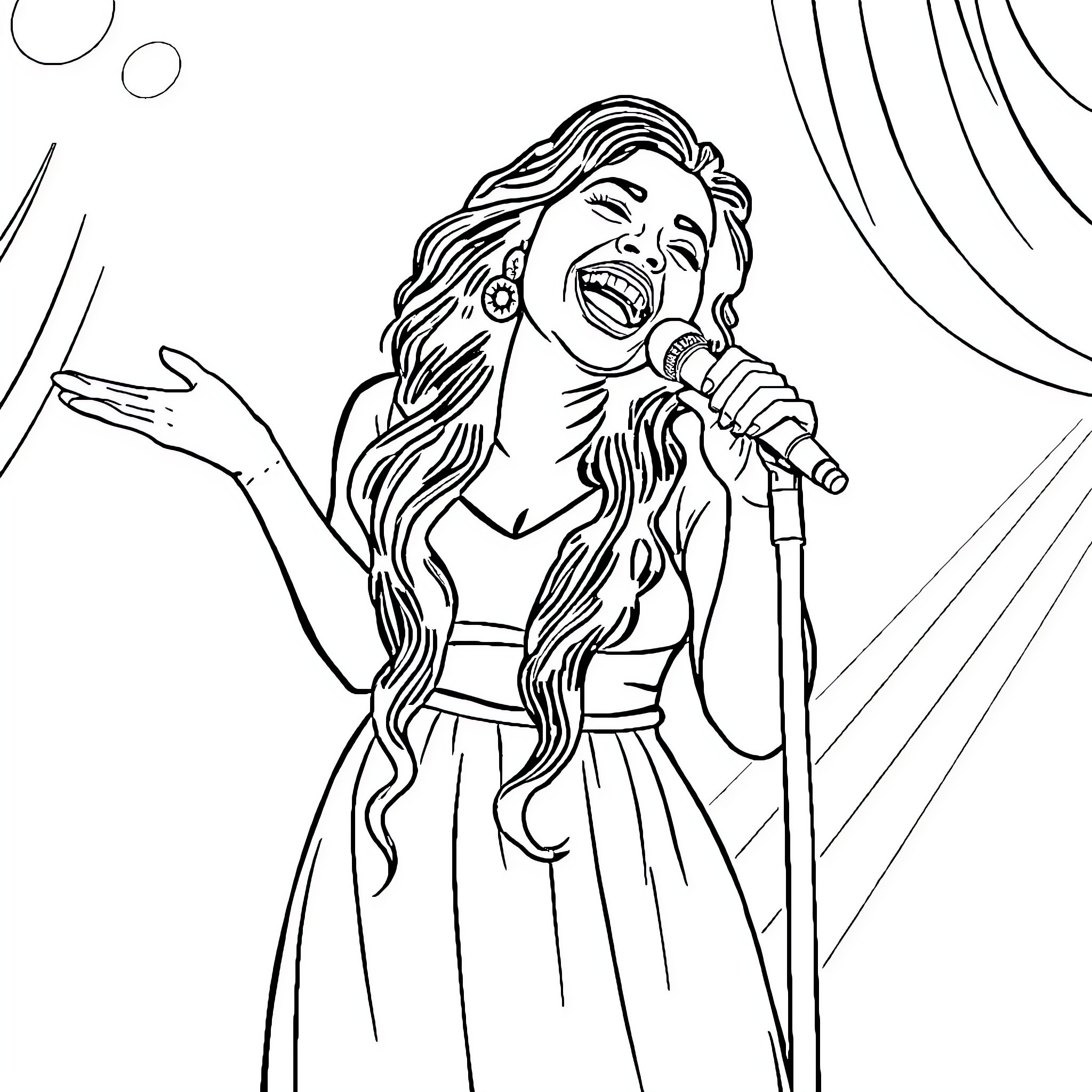 Asma singing passionately on stage Coloring Page (free black-and-white line drawing printable PDF for all, from beginners to advanced learners, including children, teens, adults, and seniors)