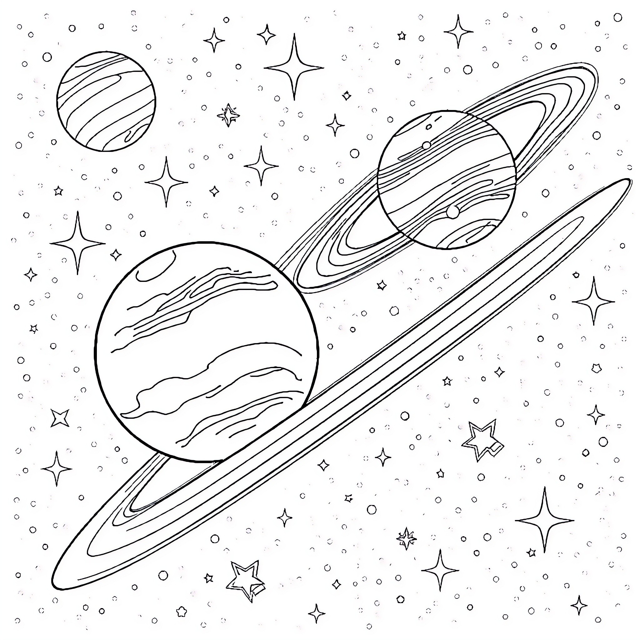 Planet Exploration in the Cosmic Universe Coloring Page (free black-and-white line drawing printable PDF for all, from beginners to advanced learners, including children, teens, adults, and seniors)