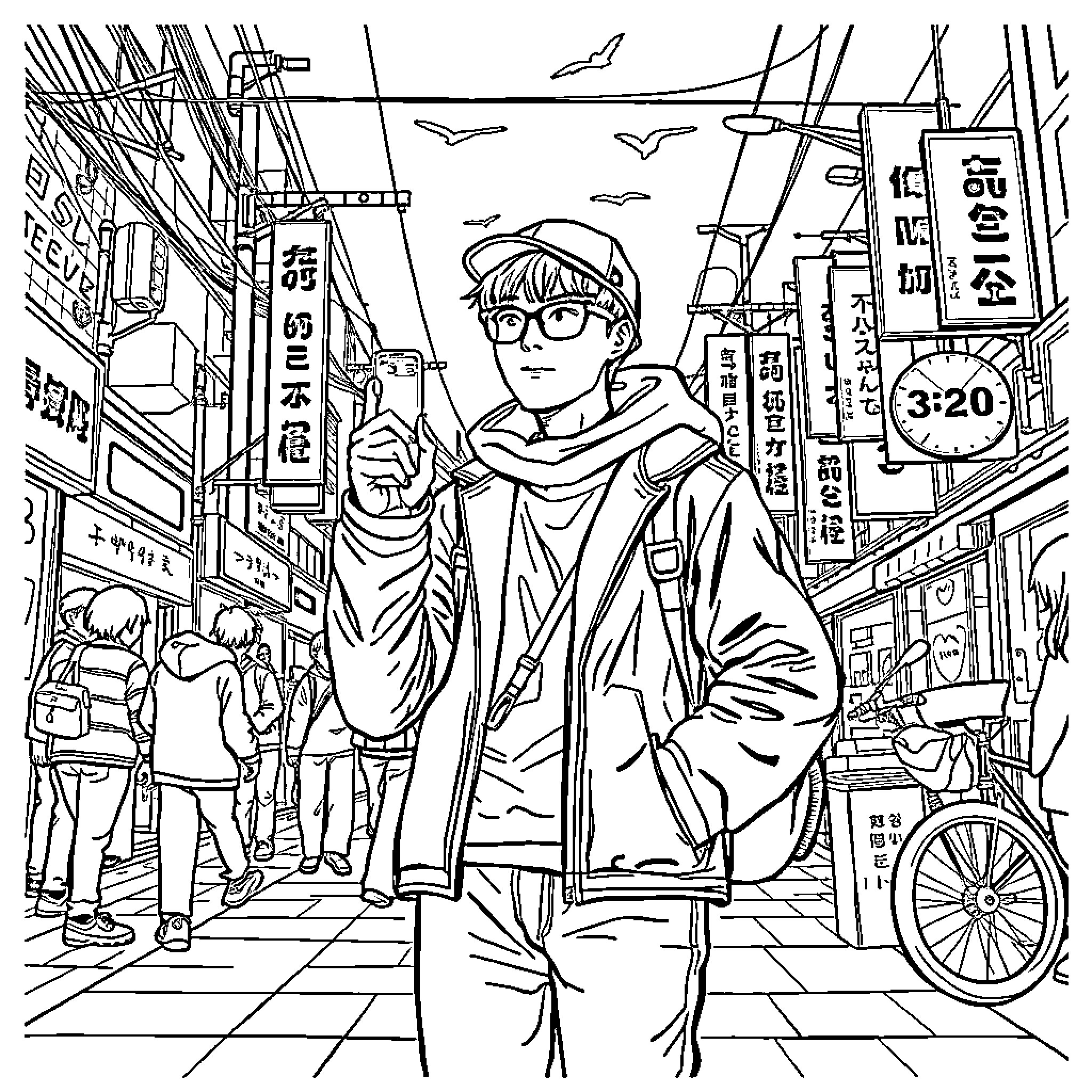 Kpop-inspired Cityscape with Stylish Characters Coloring Page (free black-and-white line drawing printable PDF for all, from beginners to advanced learners, including children, teens, adults, and seniors)