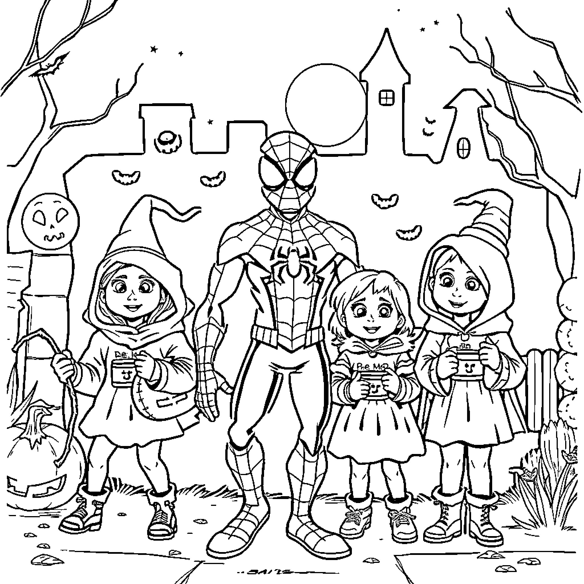 Spiderman and Friends Trick-or-Treating in the Spooky Forest Coloring Page (free black-and-white line drawing printable PDF for all, from beginners to advanced learners, including children, teens, adults, and seniors)
