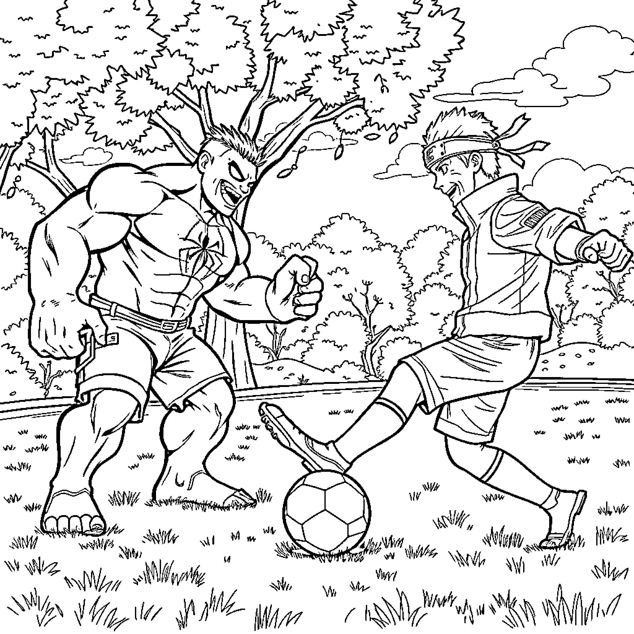 Hulk playing soccer with a boy in the park Coloring Page (free black-and-white line drawing printable PDF for all, from beginners to advanced learners, including children, teens, adults, and seniors)