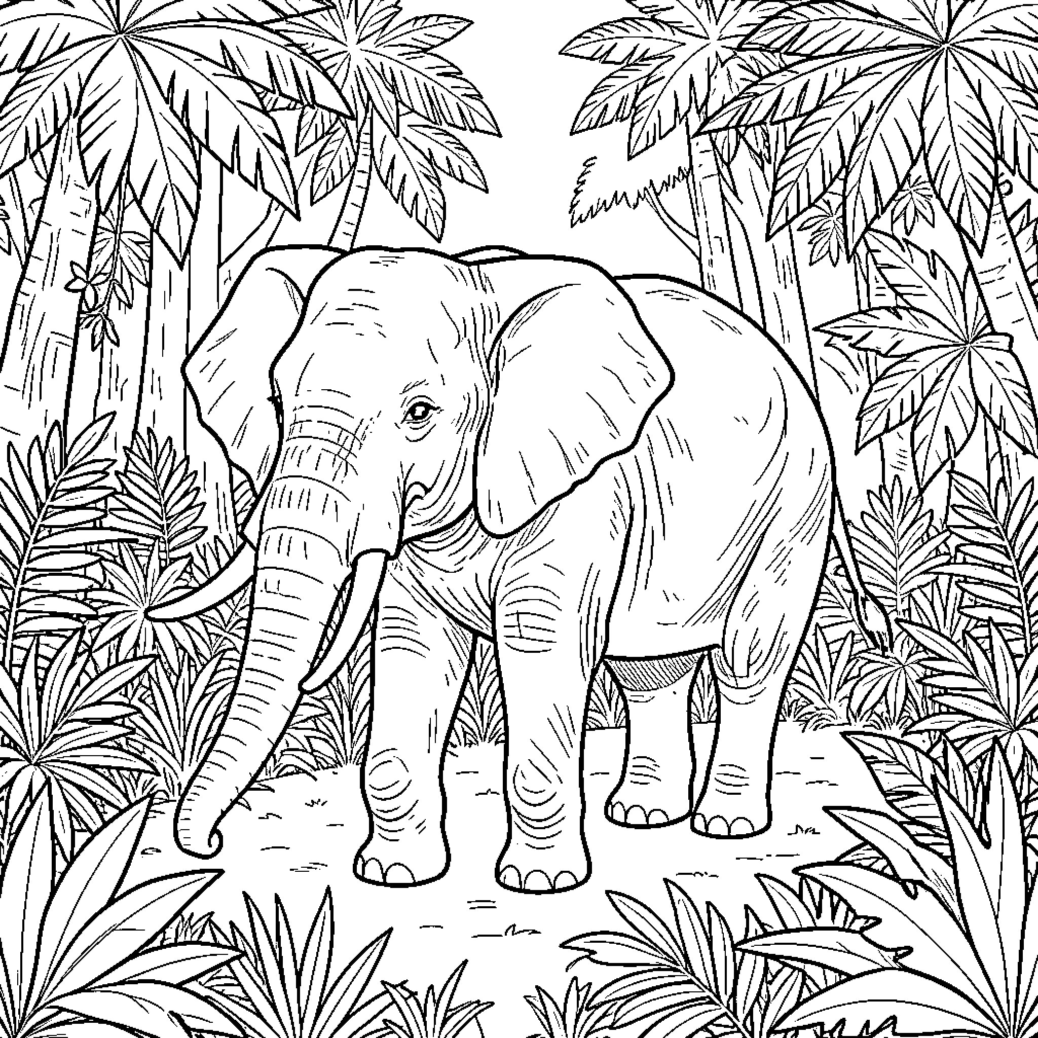 Elephant exploring tropical jungle landscape Coloring Page (free black-and-white line drawing printable PDF for all, from beginners to advanced learners, including children, teens, adults, and seniors)