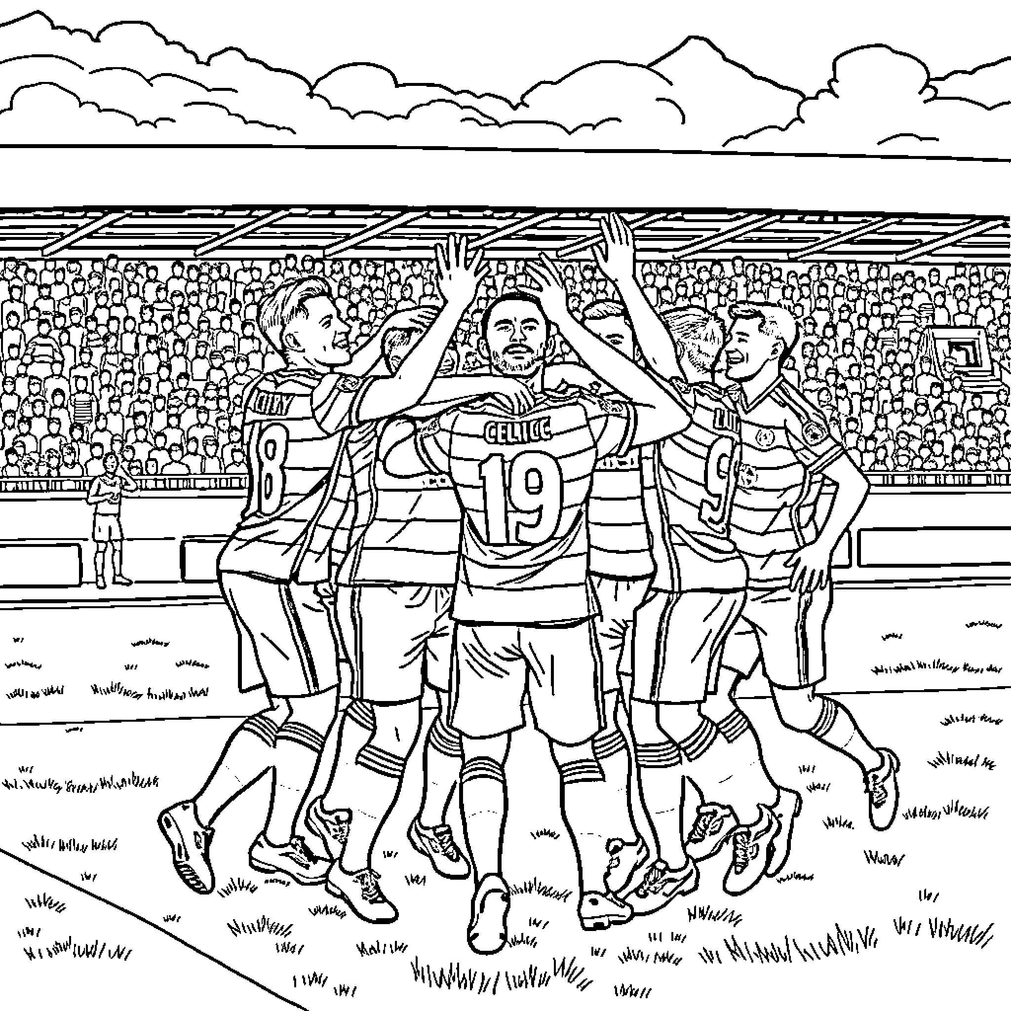 Celtic FC players celebrating victory on the field Coloring Page (free black-and-white line drawing printable PDF for all, from beginners to advanced learners, including children, teens, adults, and seniors)