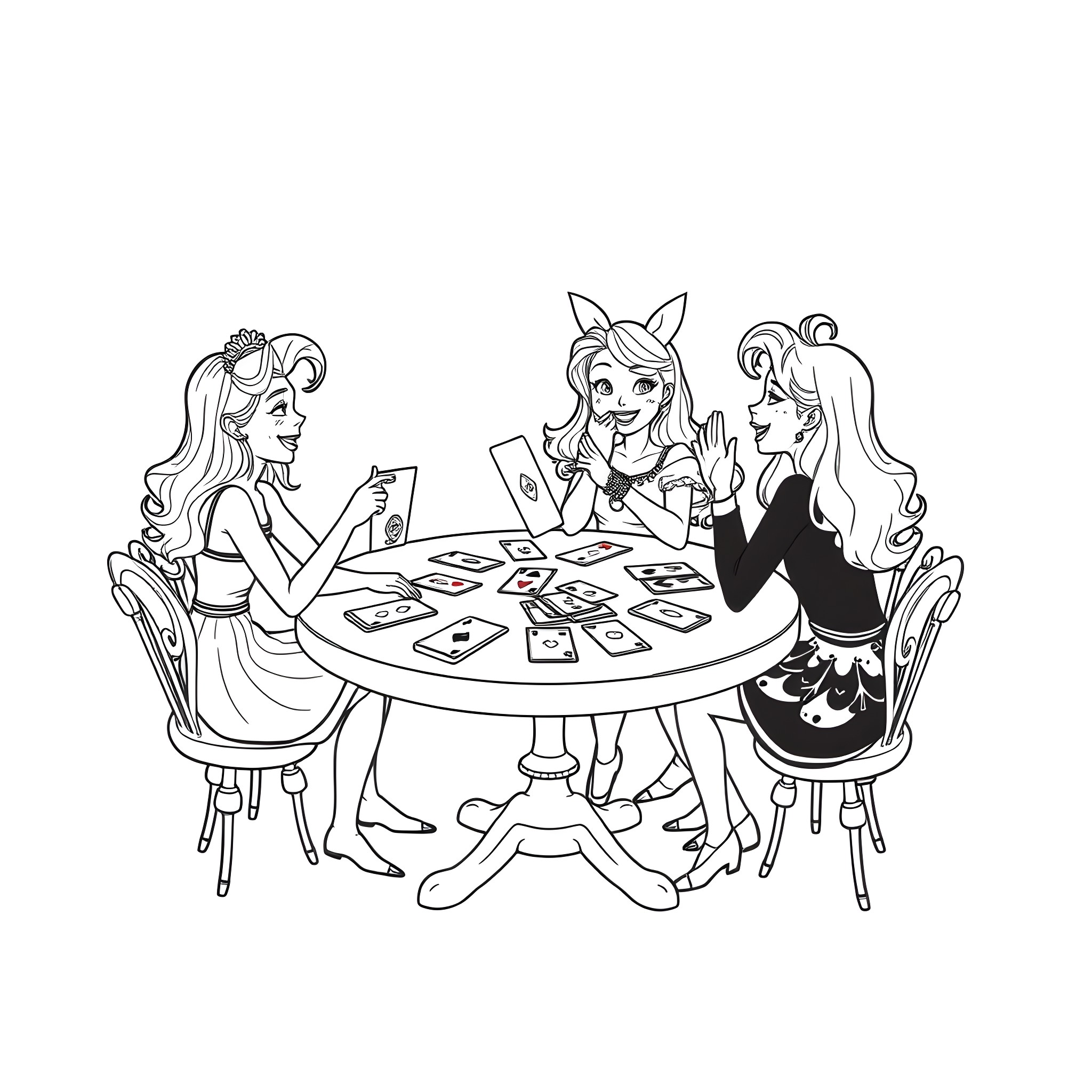 Vamparina's Tarot Card Game Night Coloring Page (free black-and-white line drawing printable PDF for all, from beginners to advanced learners, including children, teens, adults, and seniors)