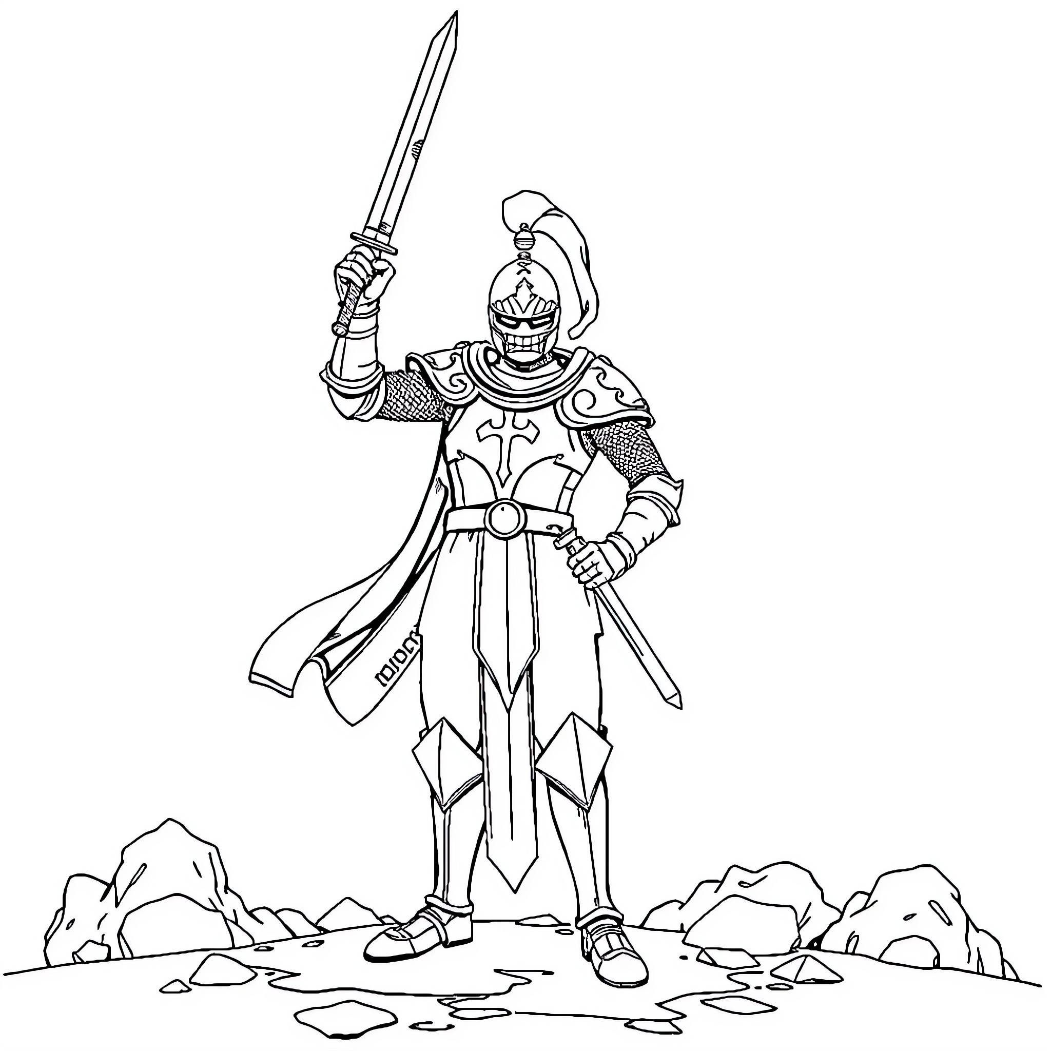 Knight in Shining Armor Stands Triumphant Coloring Page (free black-and-white line drawing printable PDF for all, from beginners to advanced learners, including children, teens, adults, and seniors)