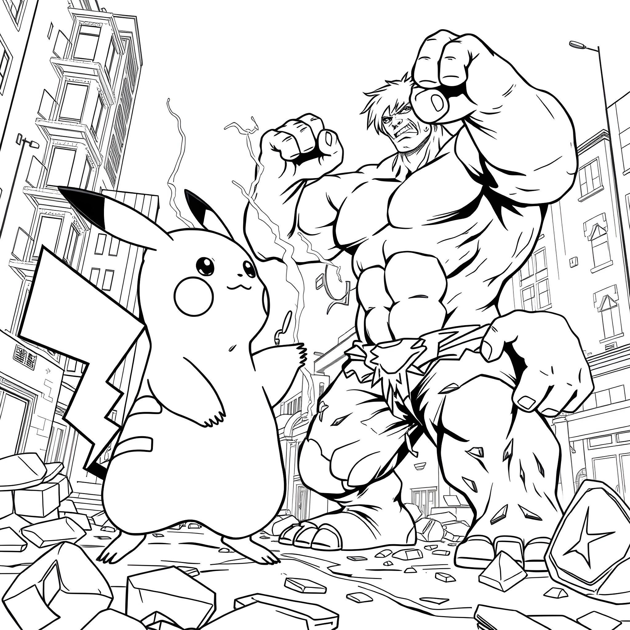 Pikachu battling with a muscular superhero in a ruined city Coloring Page (free black-and-white line drawing printable PDF for all, from beginners to advanced learners, including children, teens, adults, and seniors)