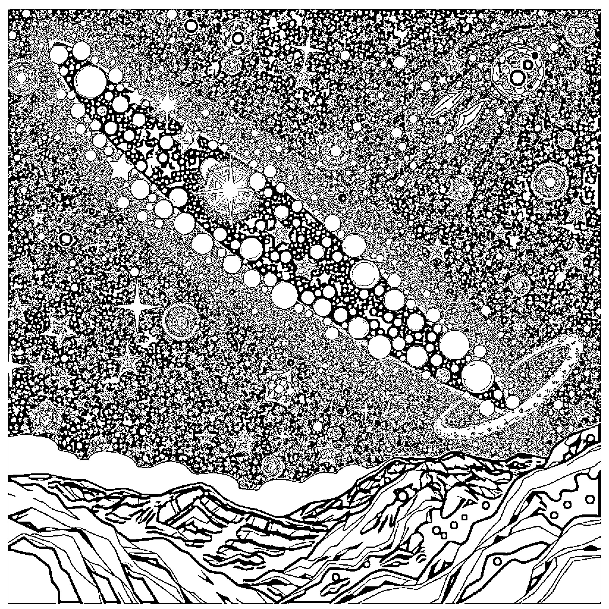 Galaxy of Celestial Patterns and Cosmic Formations Coloring Page (free black-and-white line drawing printable PDF for all, from beginners to advanced learners, including children, teens, adults, and seniors)