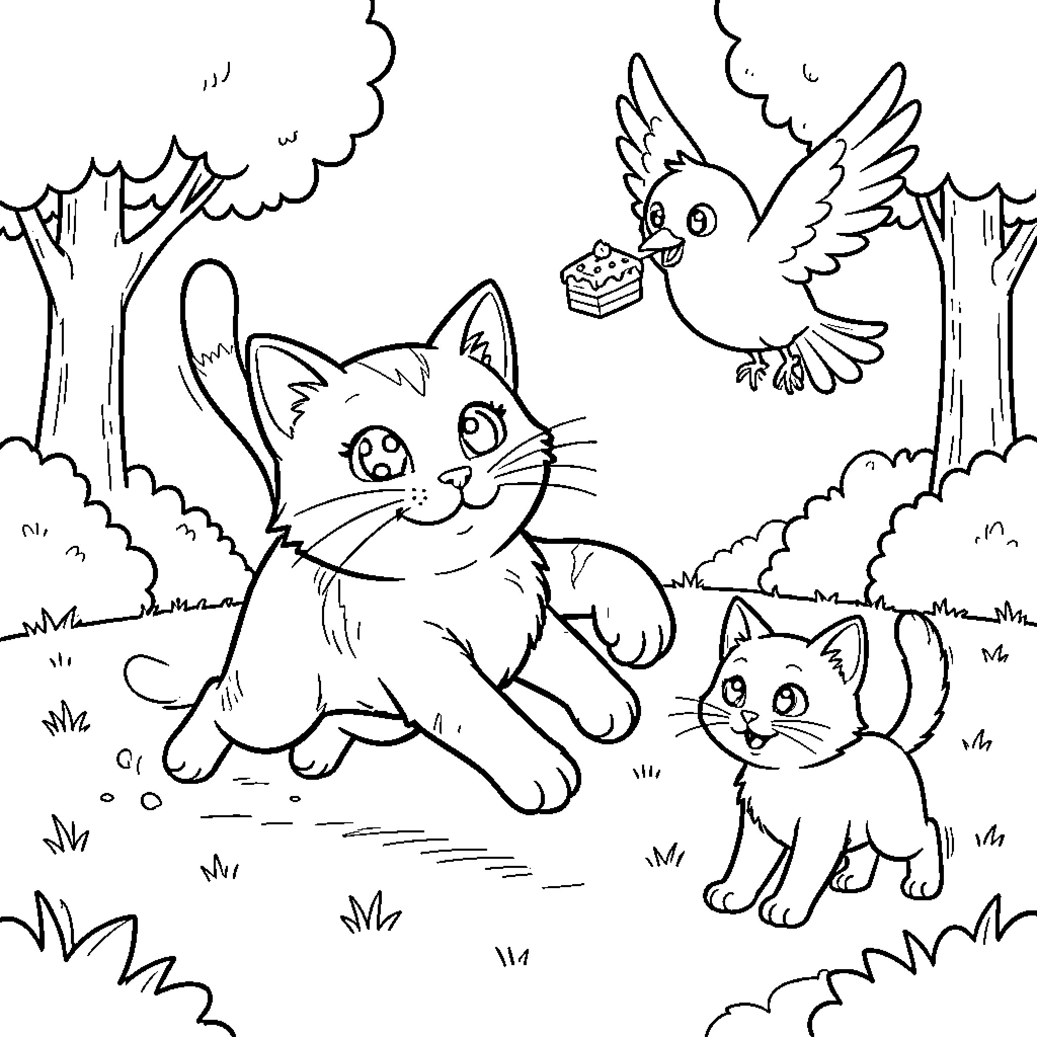 Cats and Bird in the Forest Coloring Page (free black-and-white line drawing printable PDF for all, from beginners to advanced learners, including children, teens, adults, and seniors)